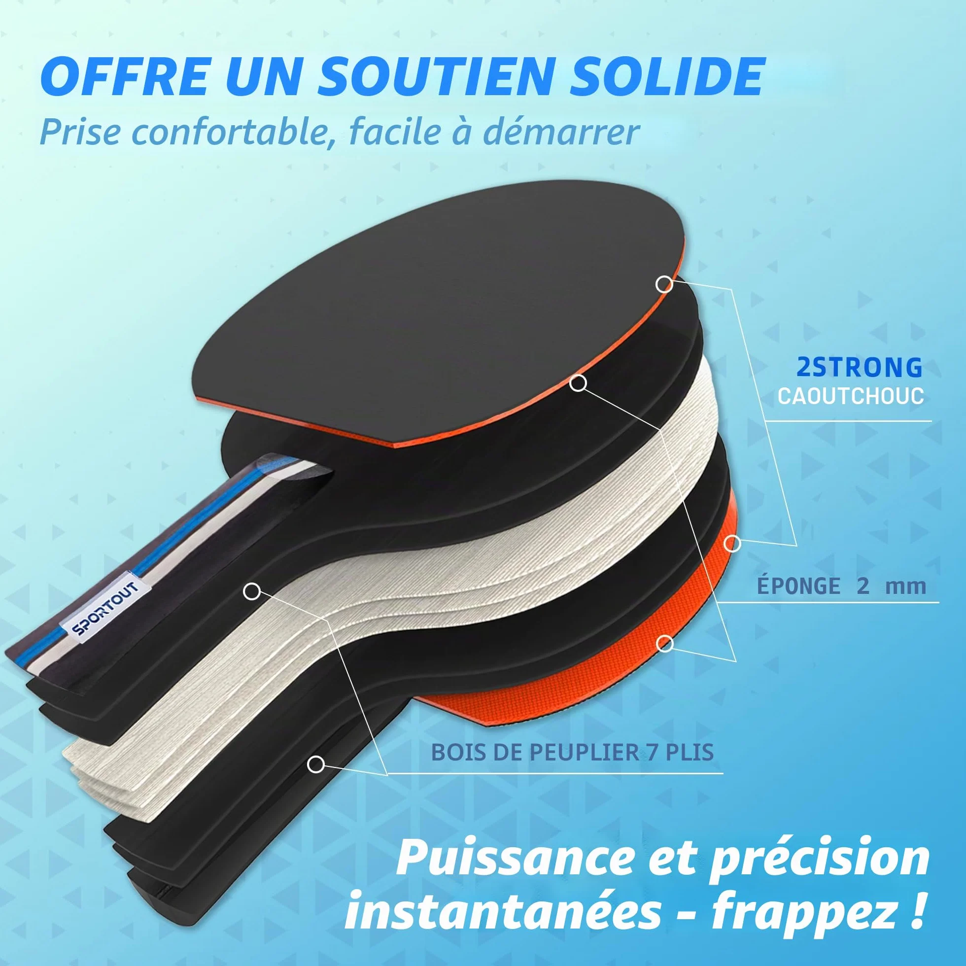 Raquette de Ping-Pong, 2 Raquettes + 3 Balles + 1 Sac