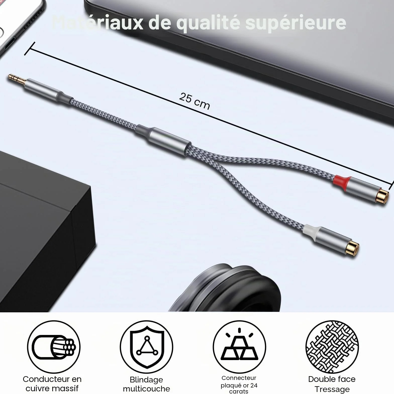 Câble audio RCA vers prise jack stéréo 3,5 mm, connecteur 3,5 mm vers 2 x prises RCA, compatible avec smartphones, lecteurs MP3, tablettes, haut-parleurs, systèmes de cinéma maison, appareils