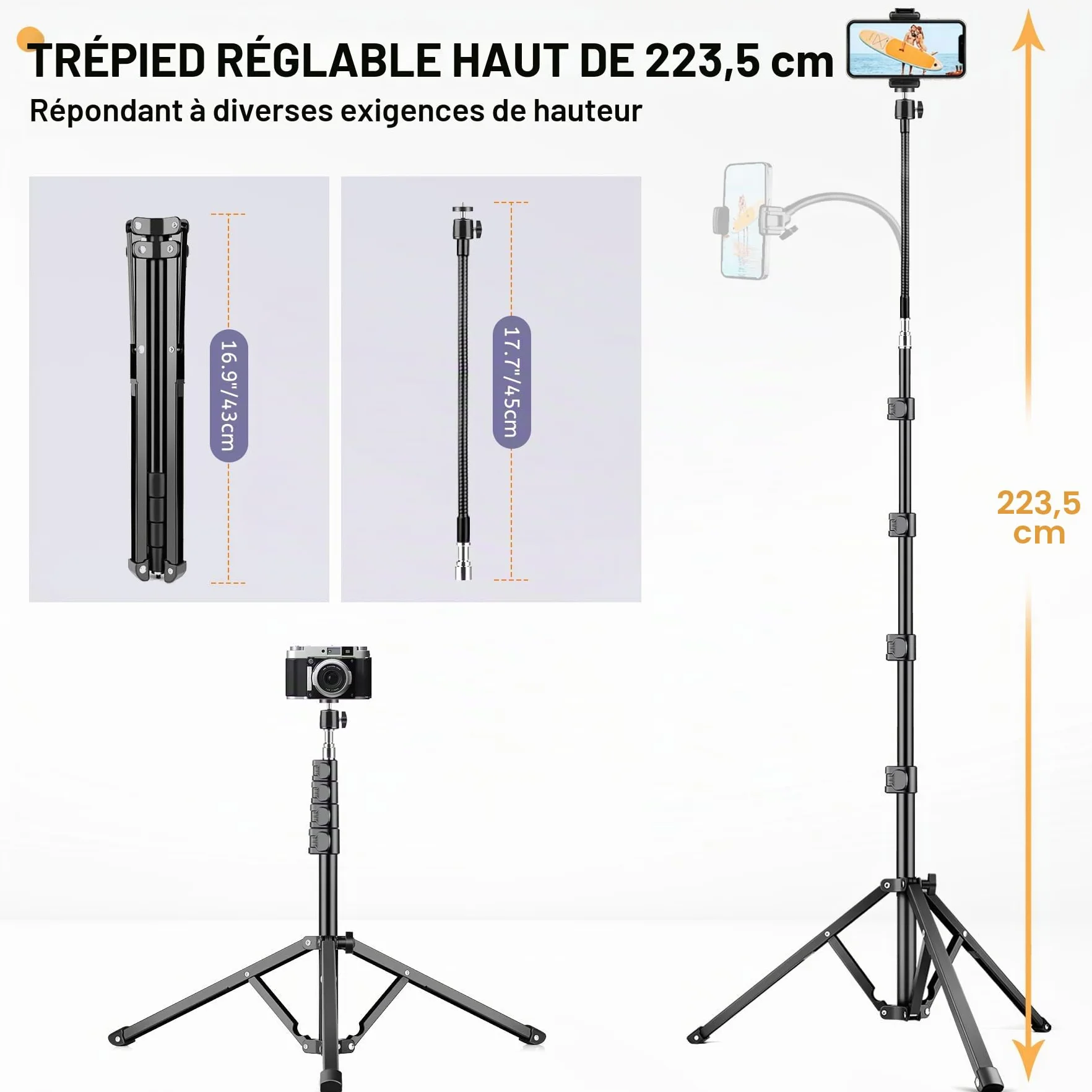 Victiv 224cm Haute Trepied Smartphone, Trépied Téléphone en Aluminium avec Col de Cygne Réglable, Télécommande, Support Telephone, Extensible Trépieds Appareil Photo avec Rotule à 360° pour DSLR Canon