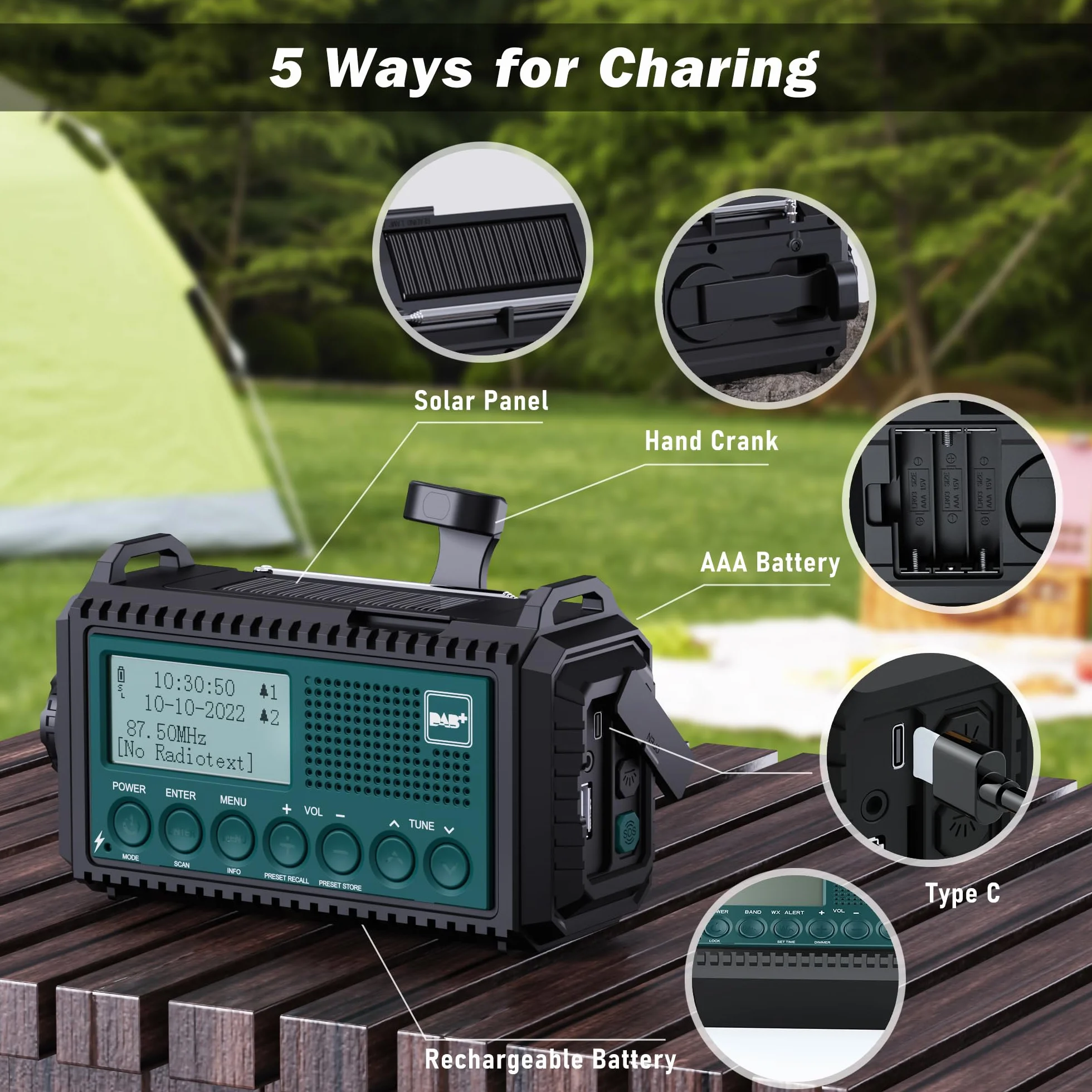 Radio à Manivelle Dab+/Dab/FM avec Batterie Rechargeable 5000mAh, Lampe de Poche, Camping Portable, Charge USB, Dynamo SOS