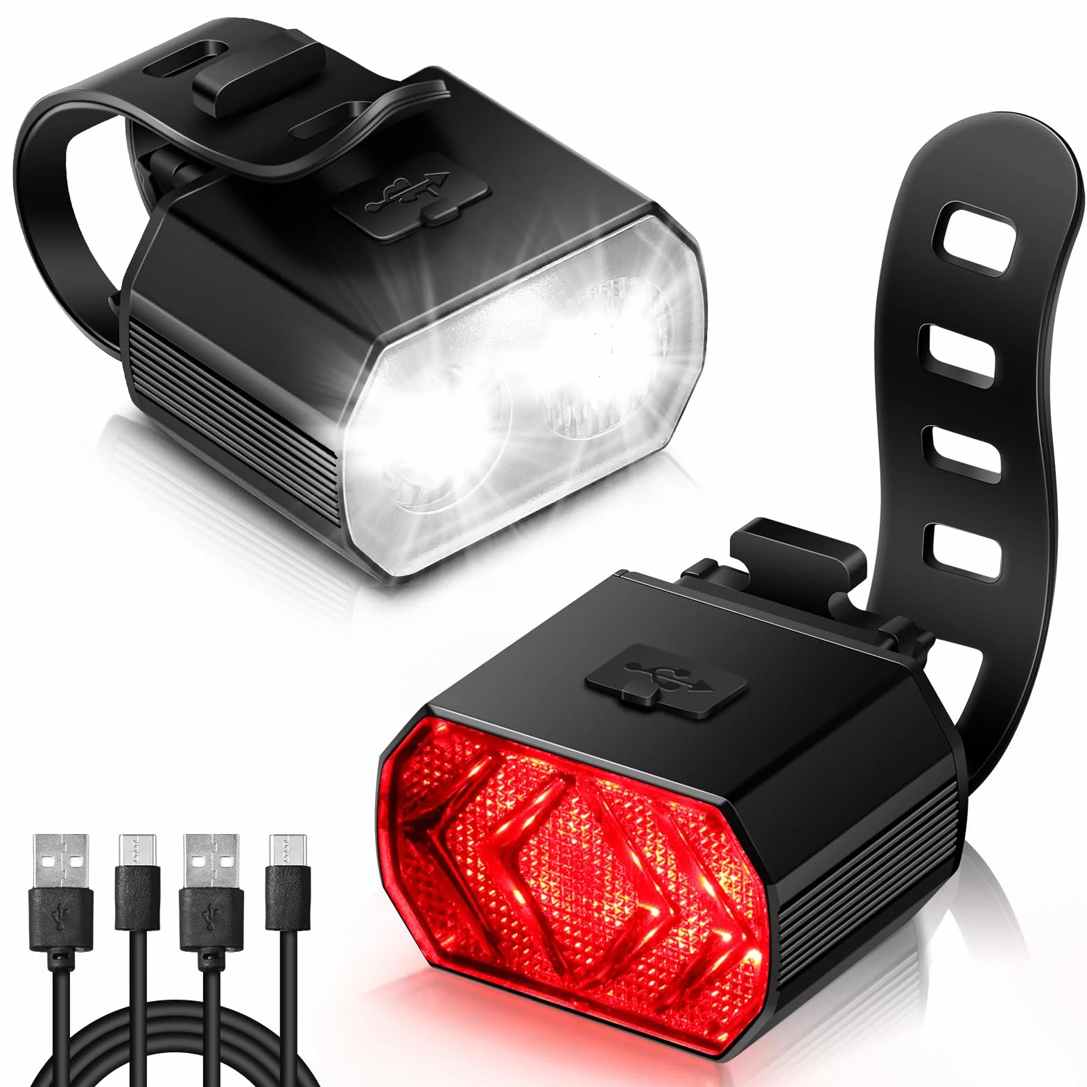 Kit Lumières pour Vélo Vinabo - Phare et Feu Arrière Recharge USB IPX6 6 Modes
