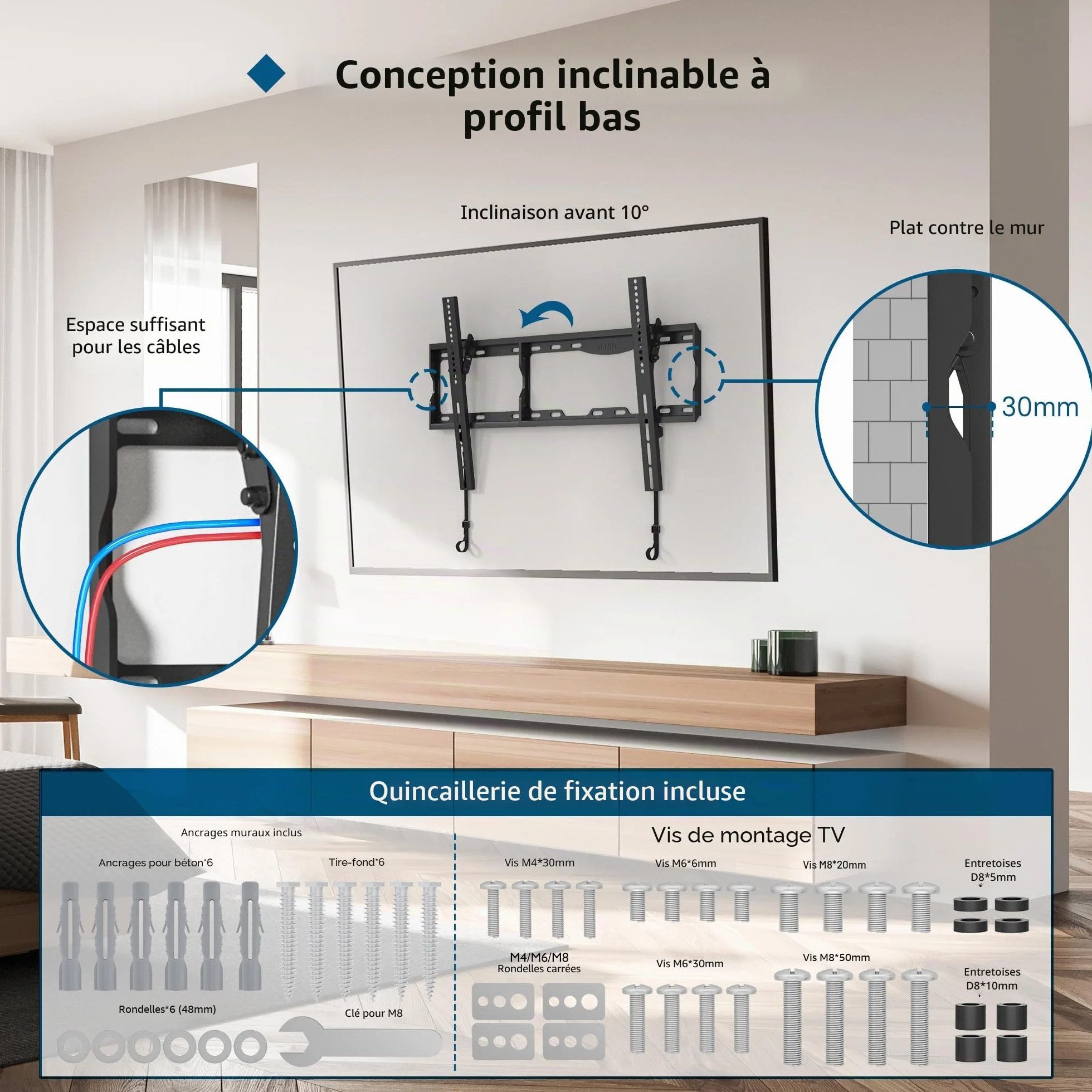 BONTEC Support Mural TV 17-86 Pouces, Fixation Murale Inclinable jusqu'à 75 kg, Compatible VESA 75x75 à 600x400mm, Support TV Mural Orientable avec Niveau à Bulle et Attaches de Câble Inclus