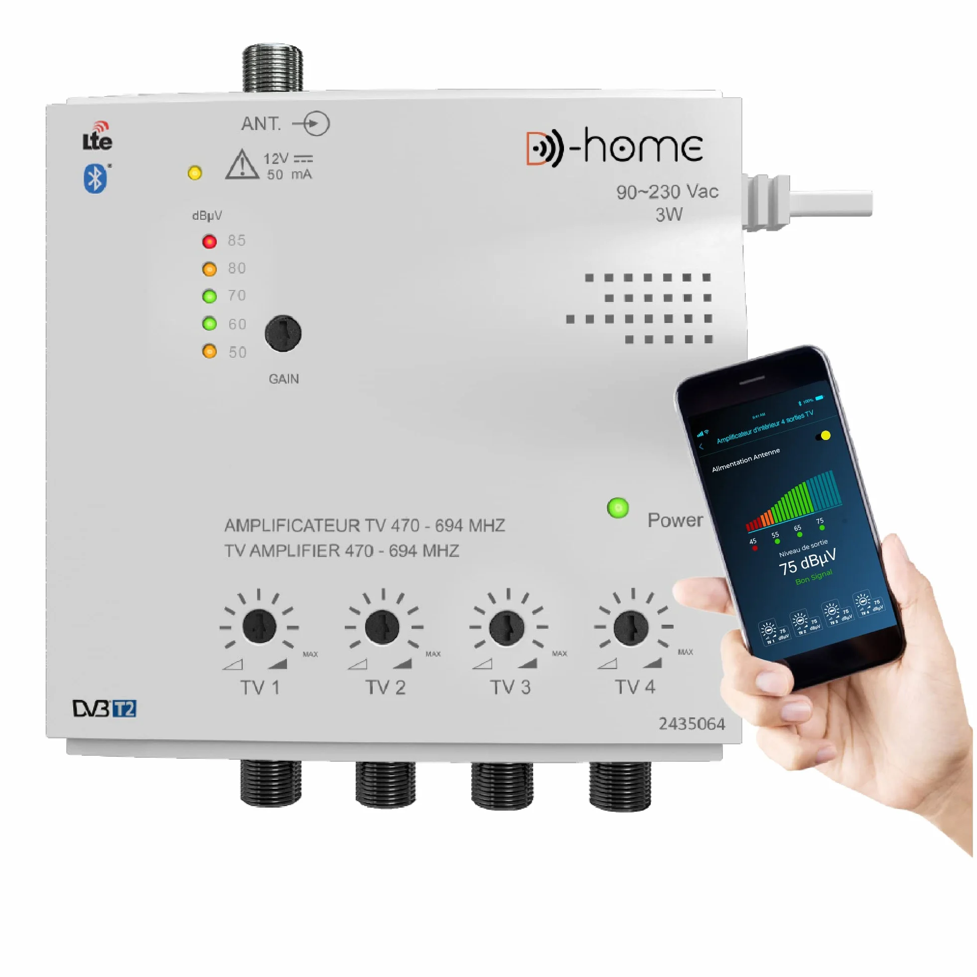 Amplificateur TV TNT Intérieur 4 Sorties 26dB Connecté Filtré 4G-5G avec App Mobile TV Finder