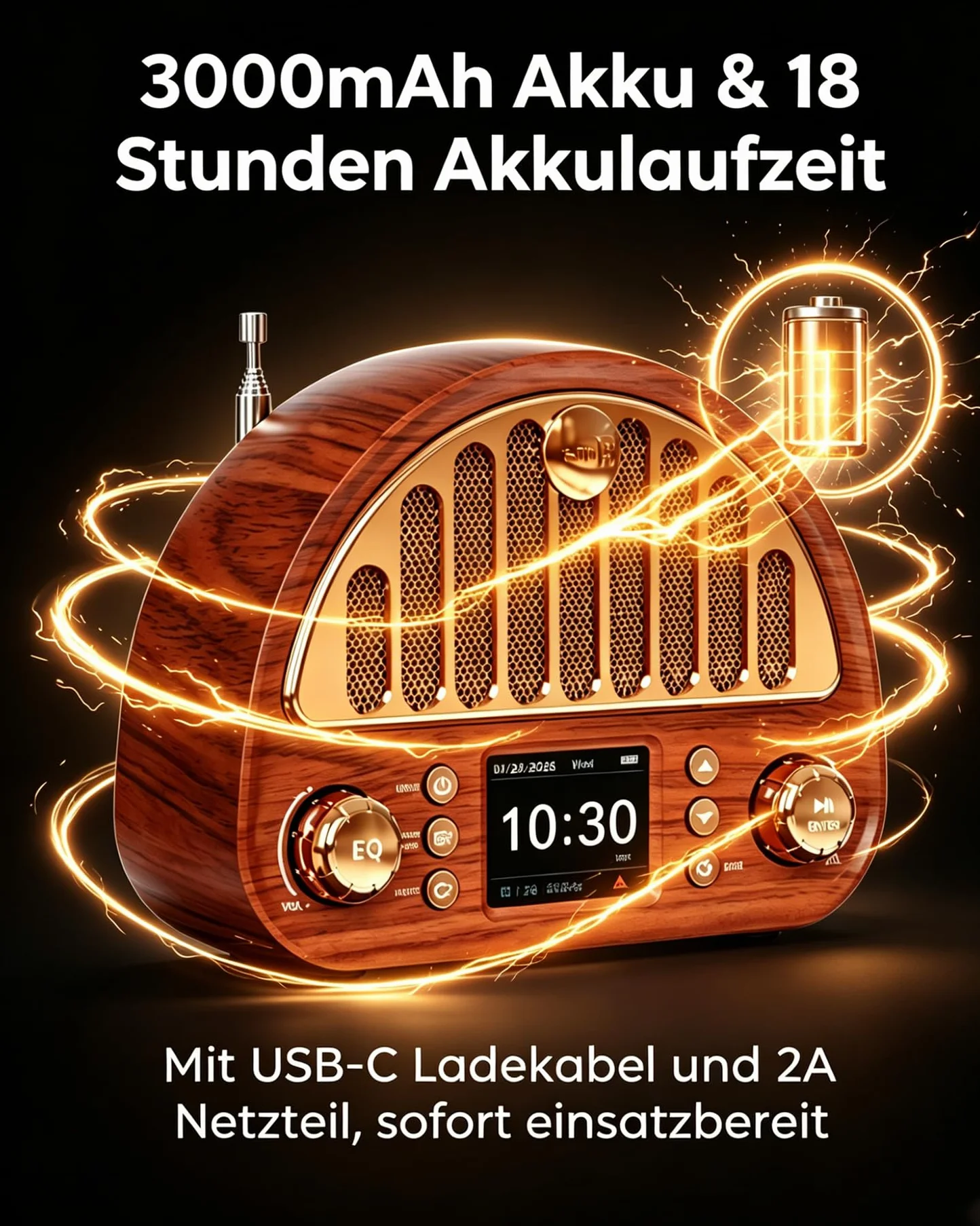 Radio Vintage DAB+/FM Bluetooth Portable, Poste Radio Numérique avec Batterie Rechargeable 3000 mAh, Double Réveil