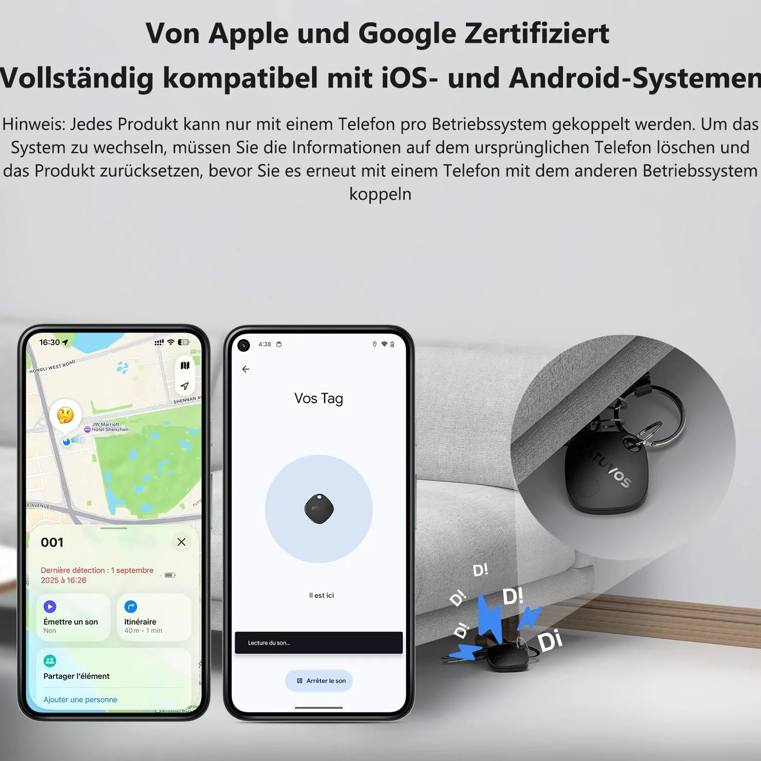 ATUVOS Android Air Tag Traceur Lot de 4, Smarttag Fonctionne avec l’app Google et Apple Localiser, Localisateurs Bluetooth Tracker pour Les Clés/Portefeuilles/Valises/Bagages, Batterie Remplaçable