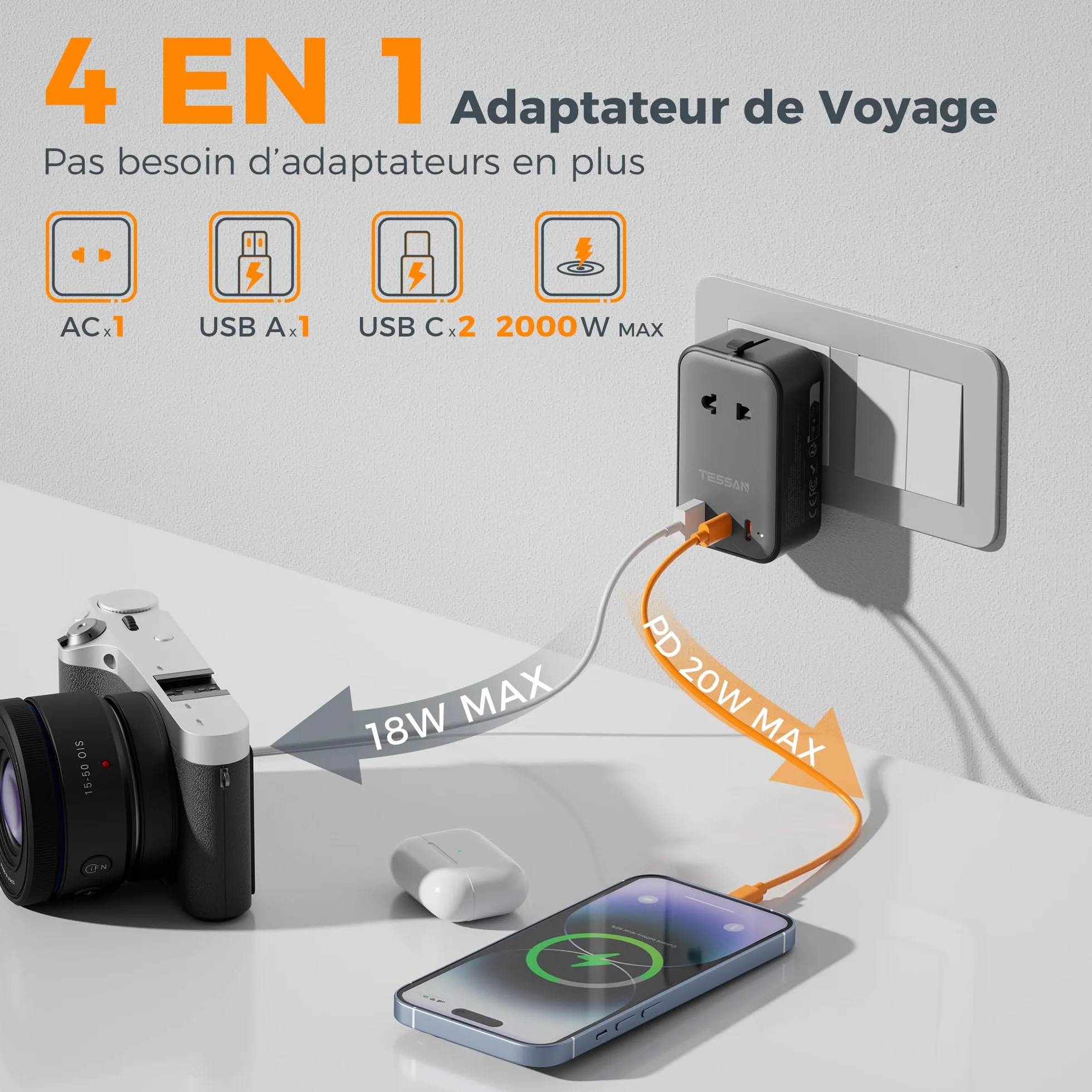 TESSAN Adaptateur Prise Universelle PD 20W, 2 USB C et 1 USB A, Voyage pour France USA Angleterre Australie Japon Chine Thaïlande