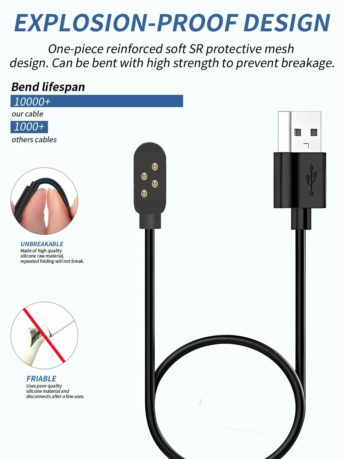 Lot de 2 câbles de charge pour casque de natation IFECCO X27 - Câble de charge USB magnétique solide - Compatible avec IFECCO X27