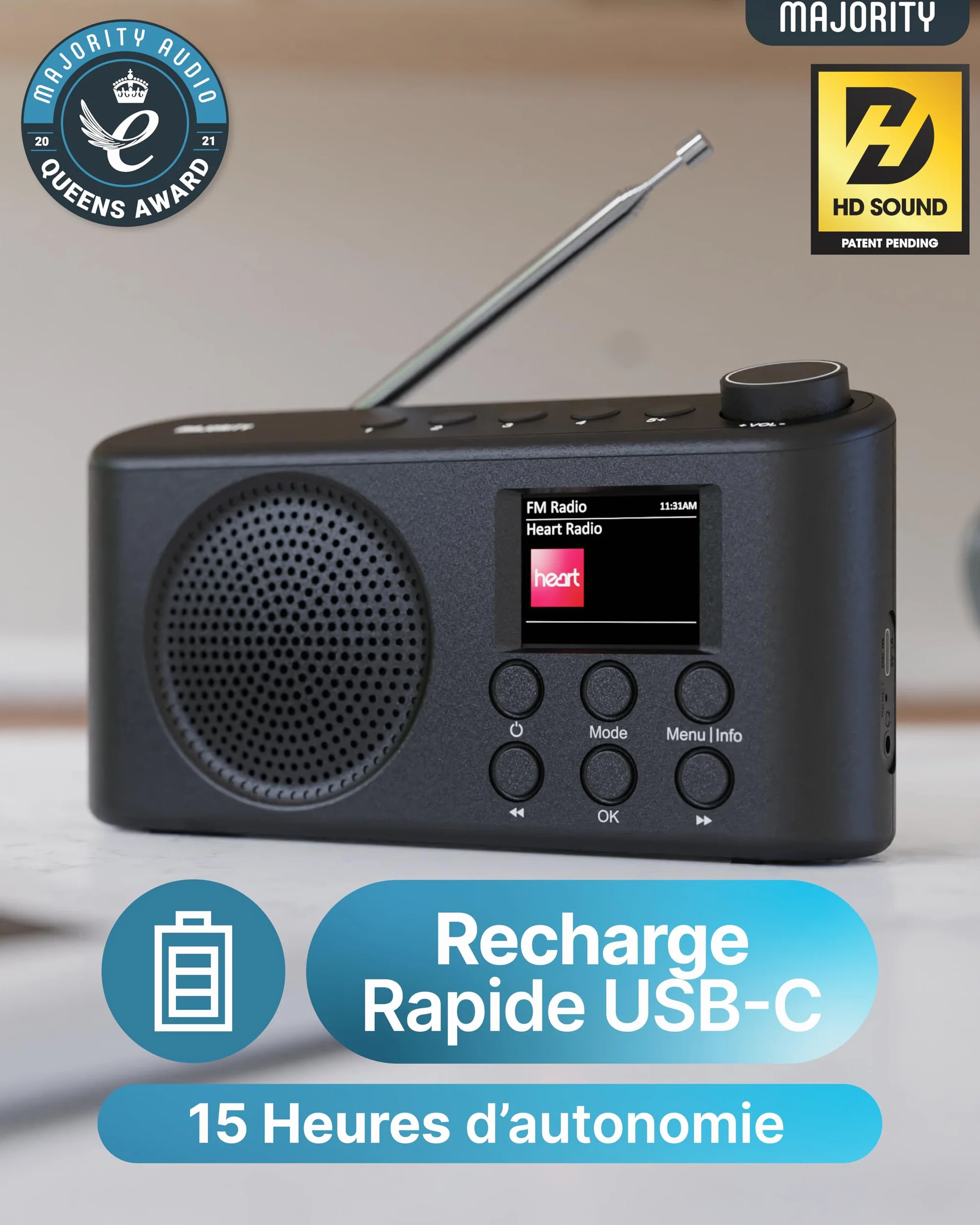 MAJORITY Orwell Pro Radio Dab/Dab+ Portable avec Bluetooth, FM, 40 Présélections, 15h Autonomie, Batterie Rechargeable USB-C, Minuterie Sommeil, Égaliseur, Radio Dab Portable