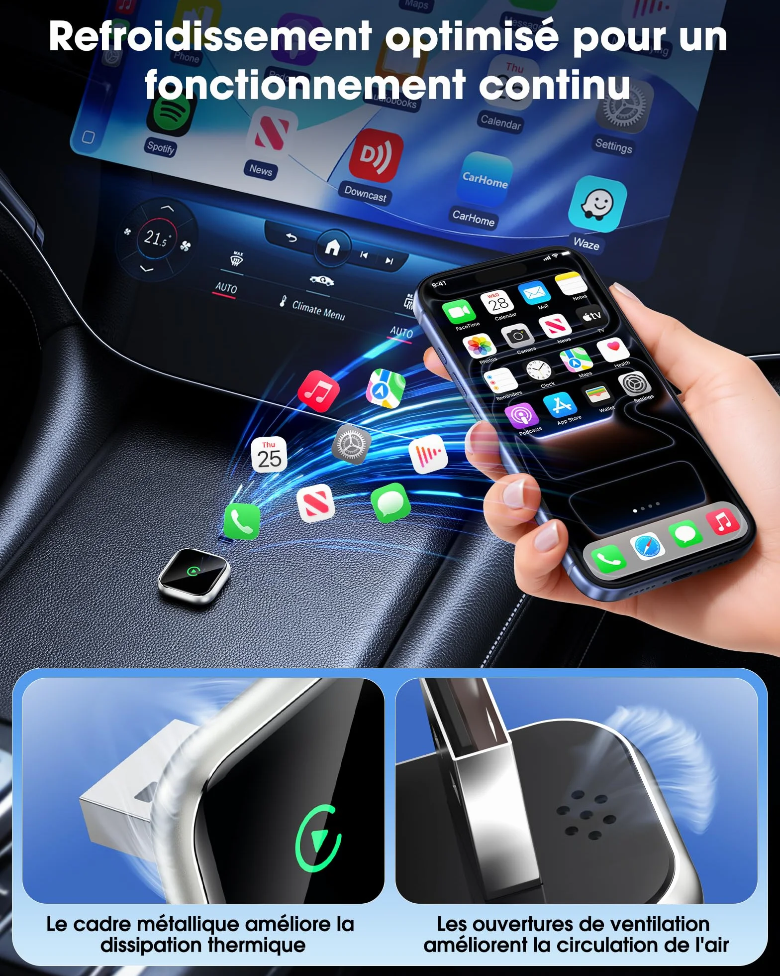 Boîtier CarPlay sans Fil pour GPS Portable pour Voiture – pour écran monté sur Tableau de Bord, convertit CarPlay Filaire en sans Fil, Compatible système d’Origine (2016+) Uniquement pour iPhone