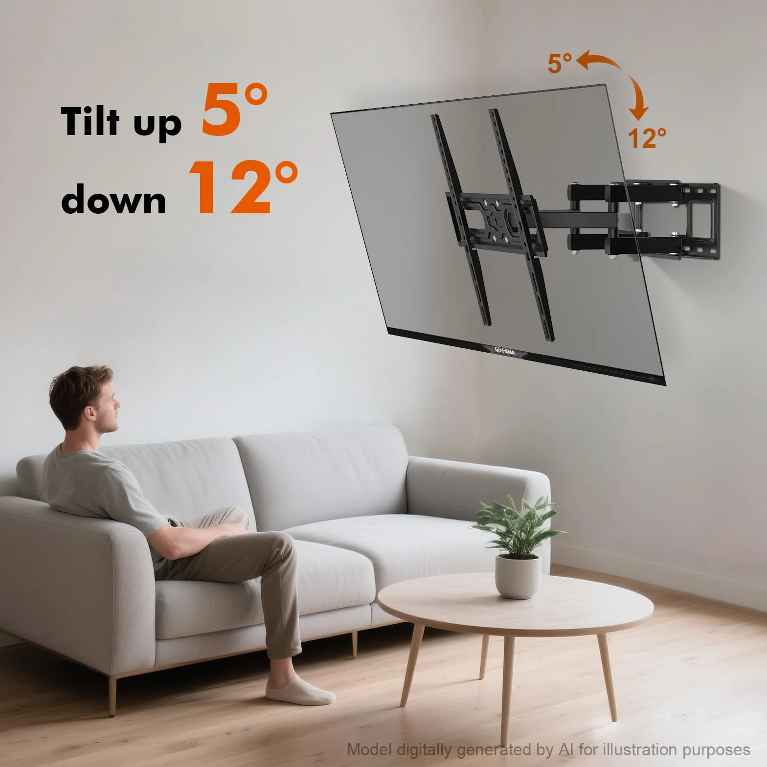 GRIFEMA GB1006-4 Support Mural TV 26-65 Pouces, Fixation Murale TV Contenir Jusqu'à 35KG, Accroche Television Mural Orientable,Inclinable et Extensible, Max Vesa 400x400mm pour Plat/Incurvé