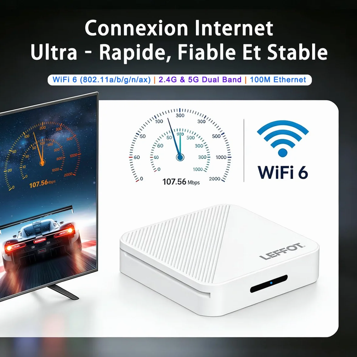Android 14.0 TV Box 2026, 2Go RAM + 16Go ROM, LEFFOT H313 4K Ultra HD Boitier IP-TV pour Streaming, Support 2.4/5G WiFi 6, 100M Ethernet, Contrôle Vocal, BT 5.4, USB 3.0, HDR10, RK3518 Quad-Core A53