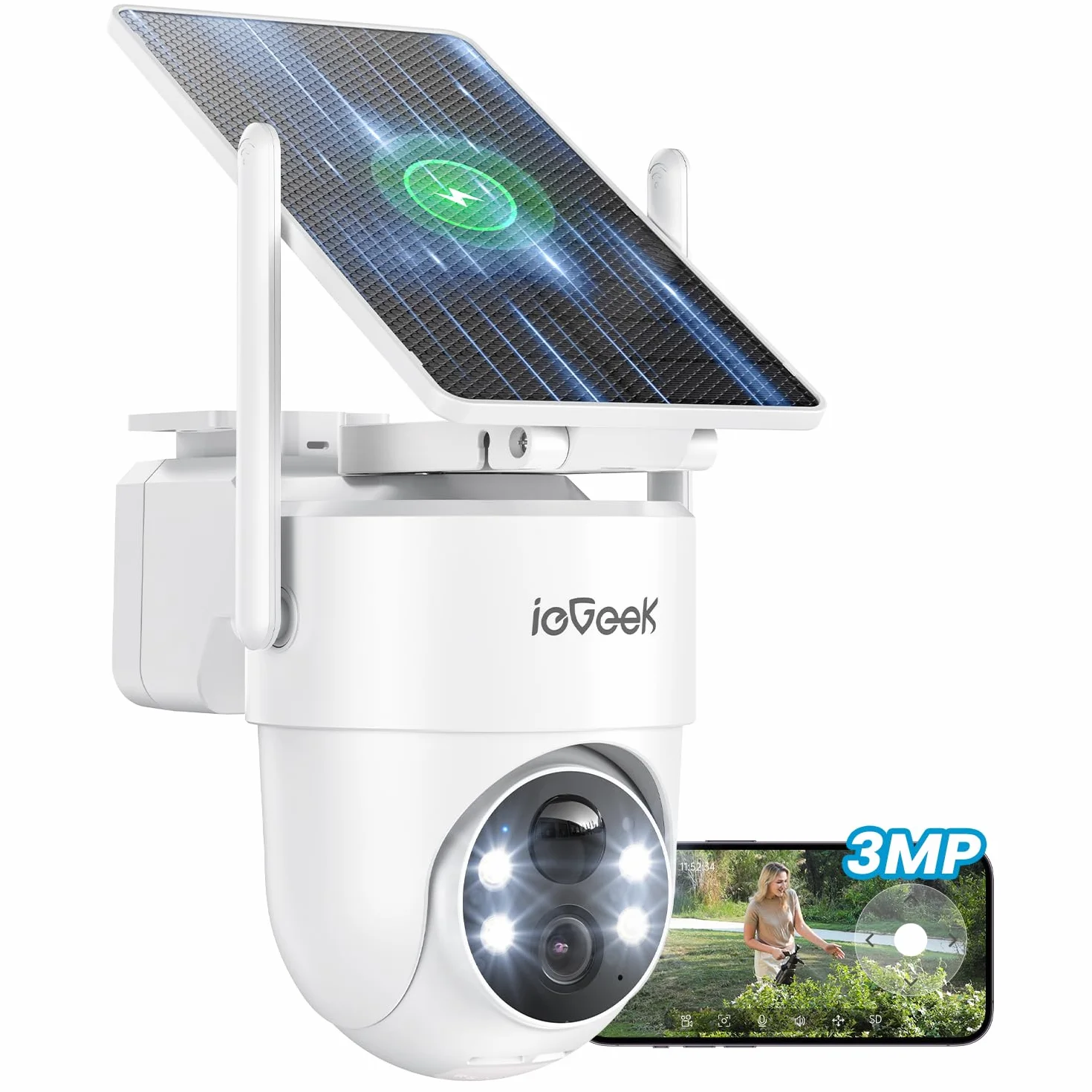 ieGeek 2K Camera Surveillance WiFi Exterieure sans Fil Solaire avec Panneau Solaire Amovible，360° Panoramique PTZ, Vision Nocturne Couleur, Détection Humaine PIR，Sirène，S5
