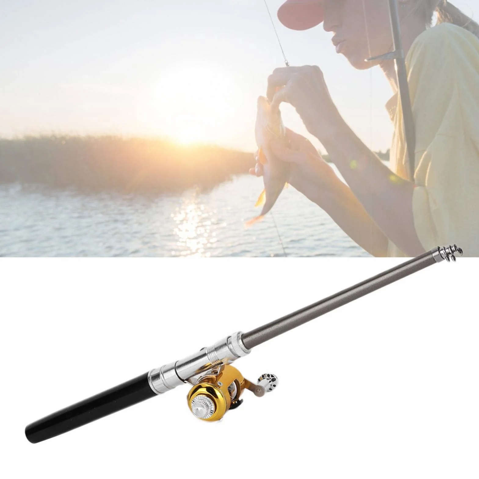 Canne à pêche Stylo Pliable Télescopique Portable + Moulinet Combo Set Alliage d'aluminium Noir