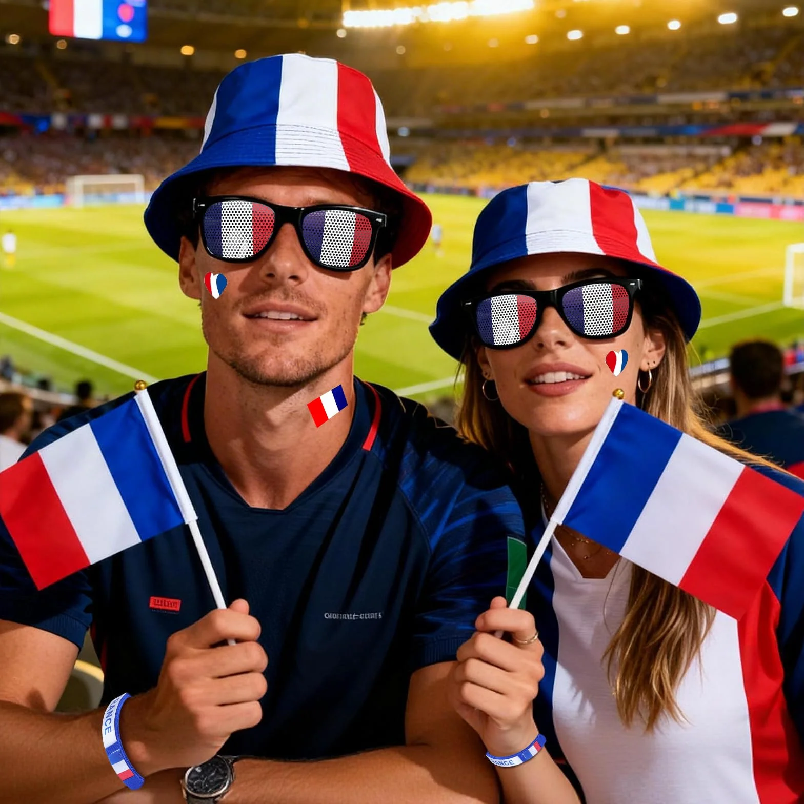 Kit Supporter France 8 Pièces Accessoires Tricolores Chapeau Lunettes Drapeaux Bracelet Autocollants Bleu Blanc Rouge Maillot Equipe De France Foot 2026