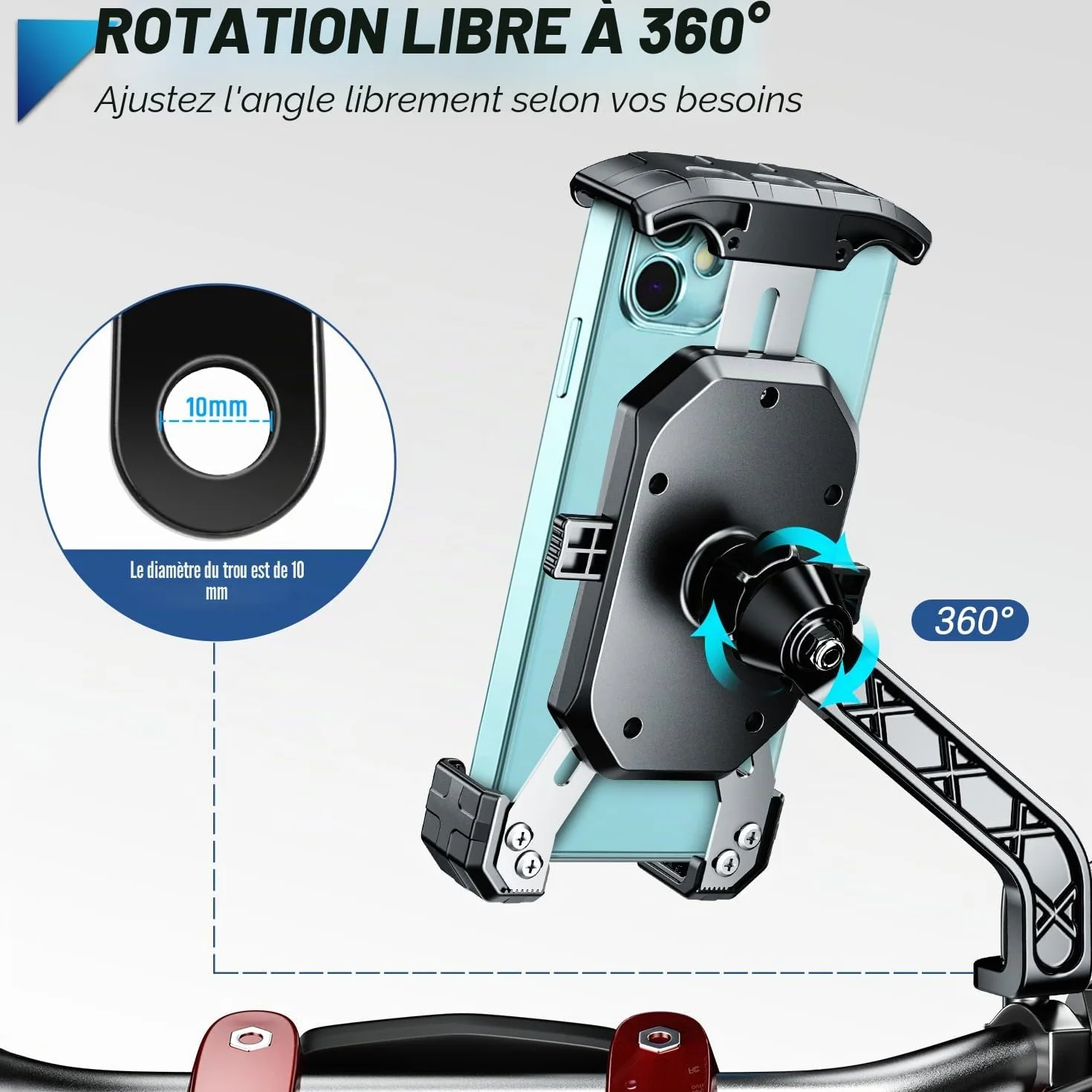 Support Téléphone Moto 360° Rotation Anti-Vibrations Support Smartphone Moto Anti-secousse Porte Telephone Scooter Antirouille Support Telephone Scooter Retroviseur pour 4-7'' Smartphone (Noir)