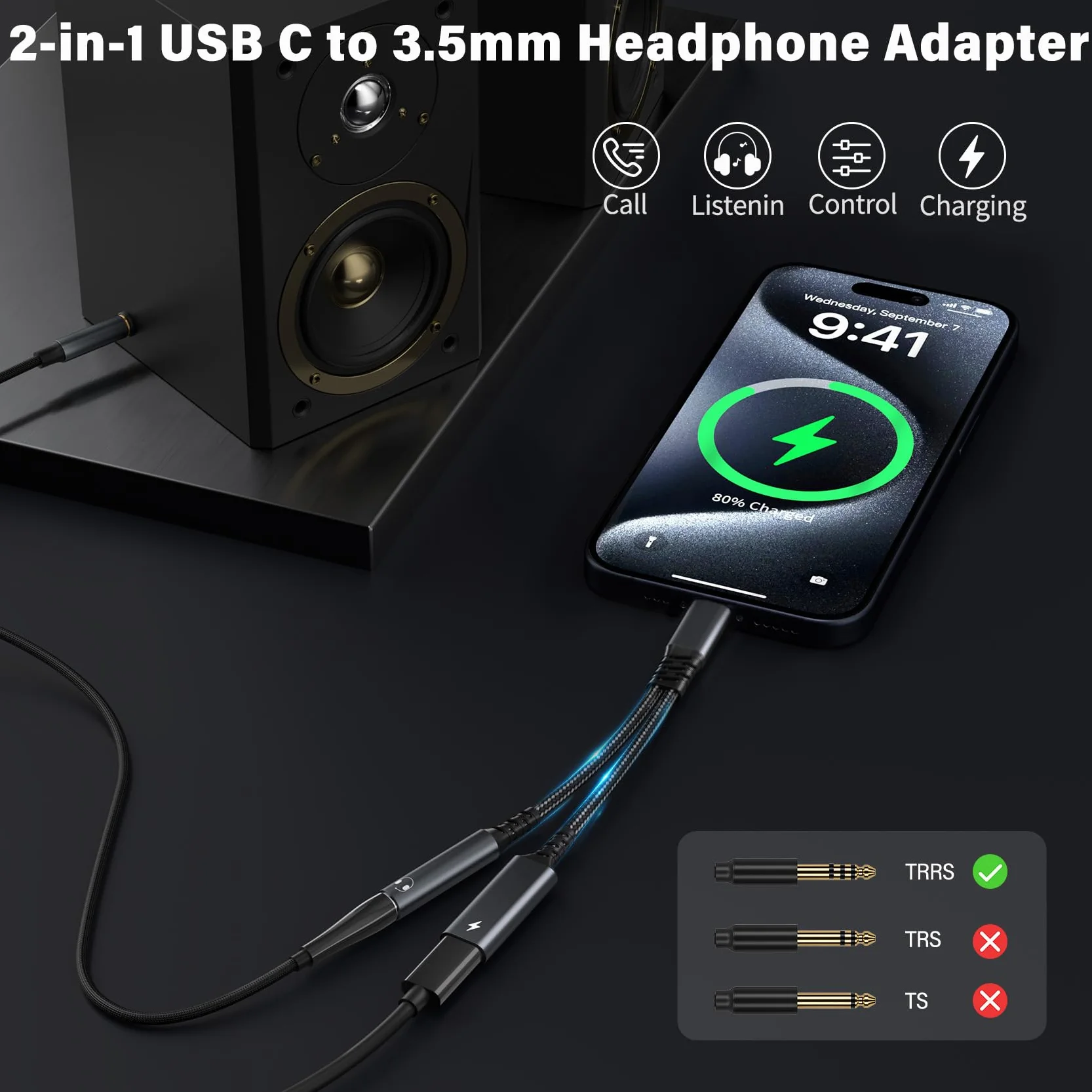 Adaptateur USB C vers Jack 3.5mm 2 en 1 Charge Rapide PD 60W Compatible iPhone 15 Pro Max Samsung S24 S23 Huawei