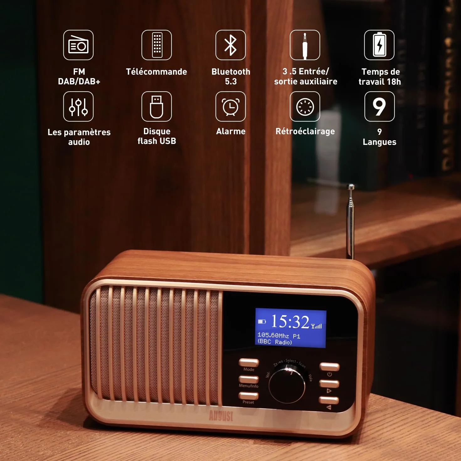 August MB450K - Radio Dab/Dab+/FM Rechargeable Double Réveil, Radio Portable Rétro avec 60 Présélections, Haut-Parleur Bluetooth 5.3, USB/AUX/Carte MicroSD, Autonomie 18H et Télécommande - Chêne
