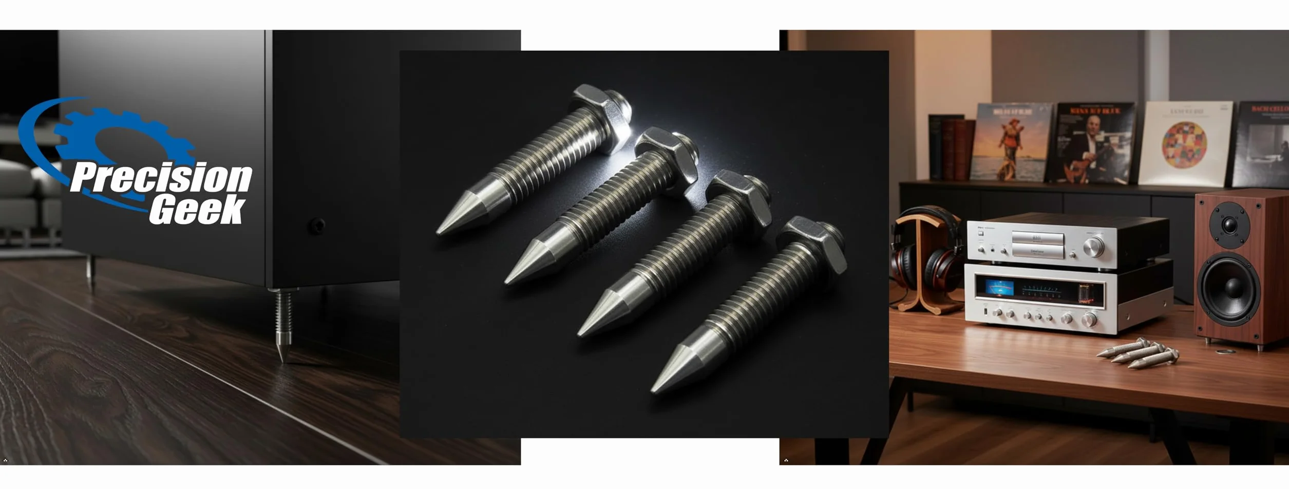 PrecisionGeek - M8 Pointes de Haut-Parleur (M8 x 45 mm | Acier Noirci) – Lot de 4 – Pointes HiFi Antivibrations et Pieds d’Isolation pour Enceintes, Amplificateurs, Caissons et Supports Audio
