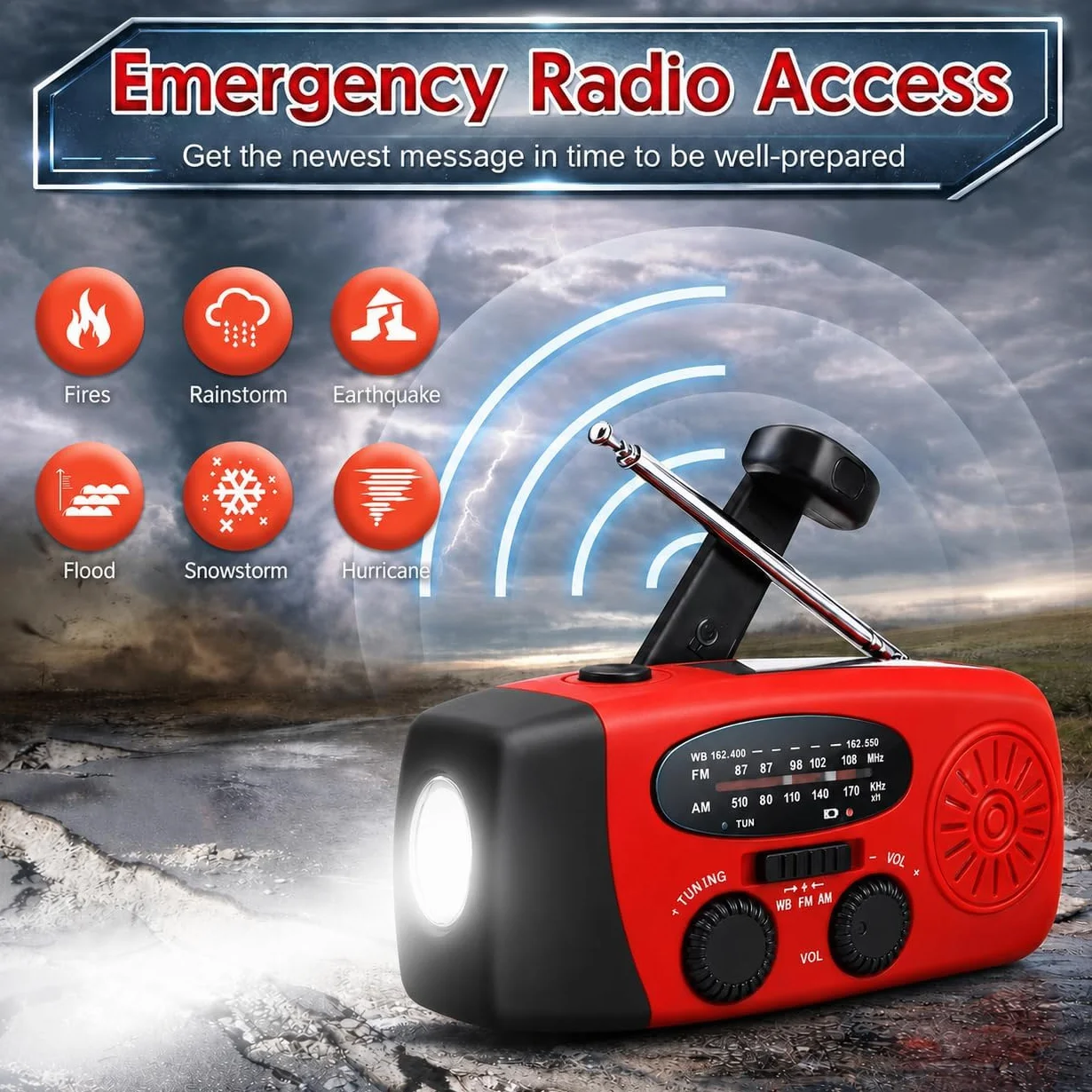 Radio Solaire Auto-alimentée 2000mAh AM/FM Portable à Manivelle Dynamo avec Lampe LED Alarme SOS Chargeur Téléphone Kit Survie Camping Rouge