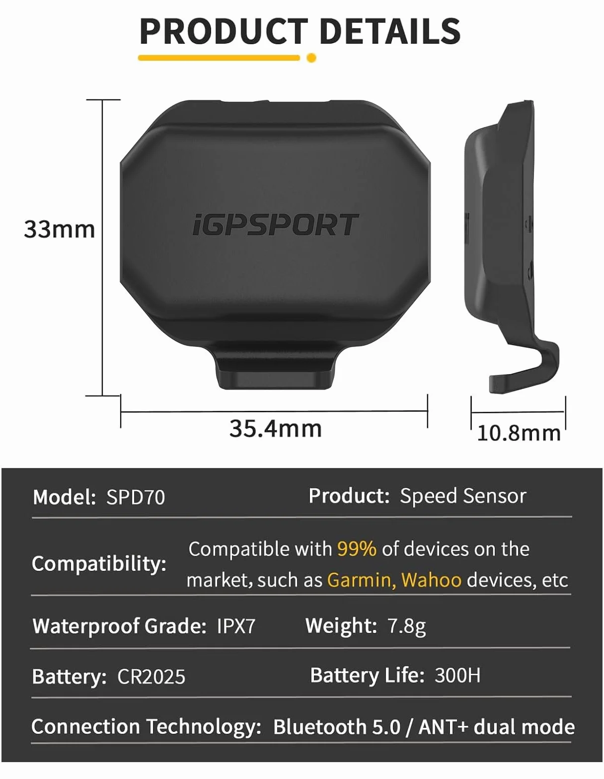 iGPSPORT CAD70 Capteur de Cadence SPD70 Capteur de Vitesse Étanche IPX7 BLE5.0 Ant+ 300 Heures Vélo