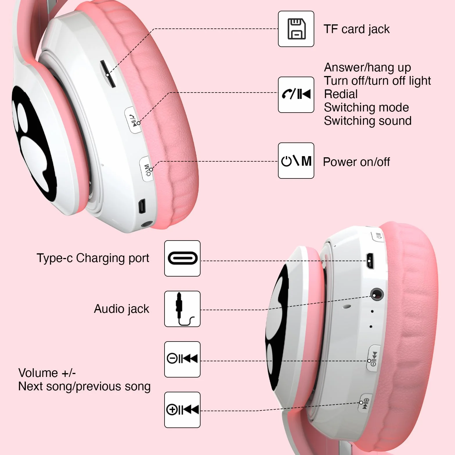 OHAANYY Casque Bluetooth pour Enfants sans Fil,Casque Cat Pliable avec LED Flash Lumières Glow, Enfants Bluetooth 5.0 avec Microphone et Contrôle du Volume, Carte Slot pour PC/Tablettes/TV (5)