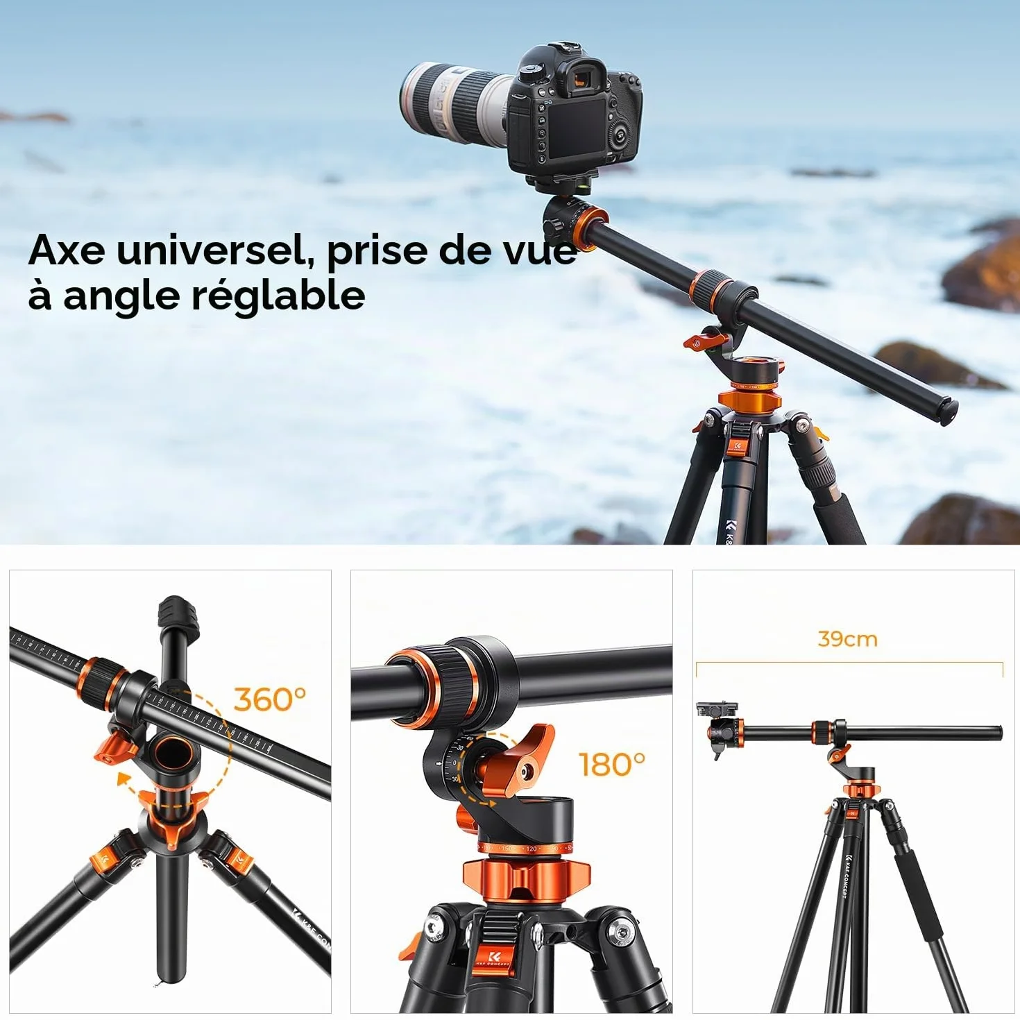 K&F CONCEPT Trépied Appareil Photo, 230CM Trépied Vidéo avec Bras Extension, Trepied Monopode Professionnel en Aluminium, Reflex Pied Caméra 360° Tête Ball et Plaque de Dégagement pour Canon DSLR