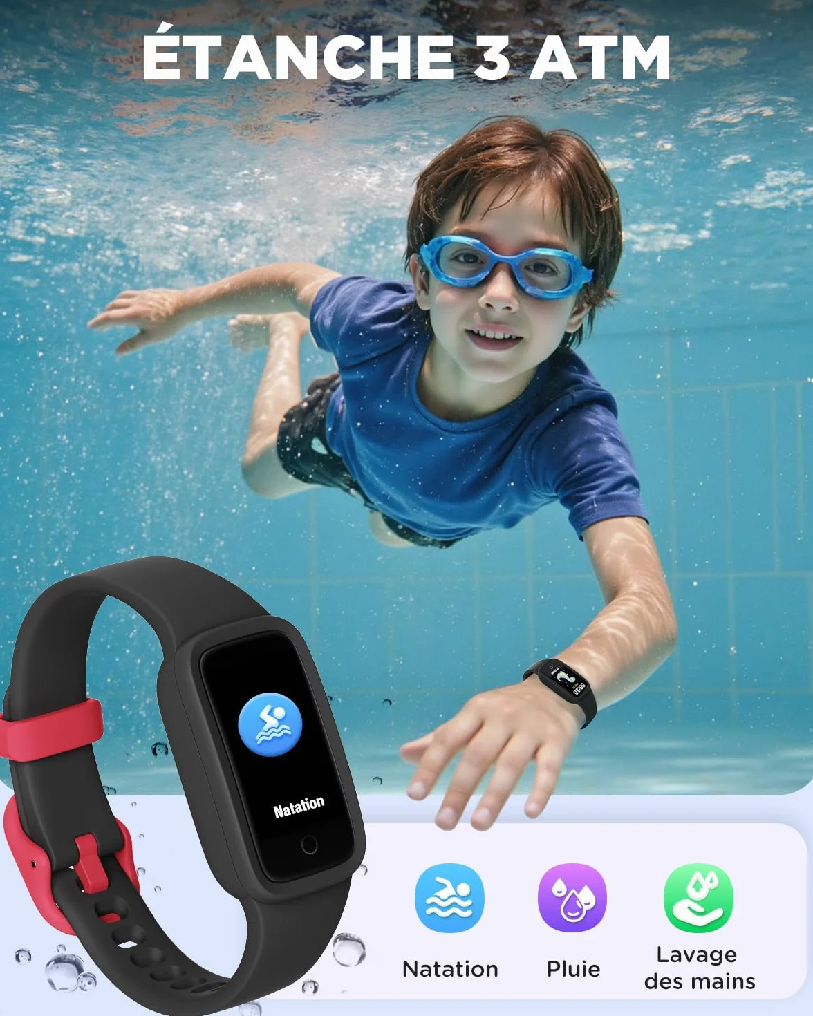 BIGGERFIVE Vigor 3 Montre Connectée Enfant Tracker d'Activité Écran AMOLED Étanche 3ATM Moniteur Fréquence Cardiaque Sommeil Noir