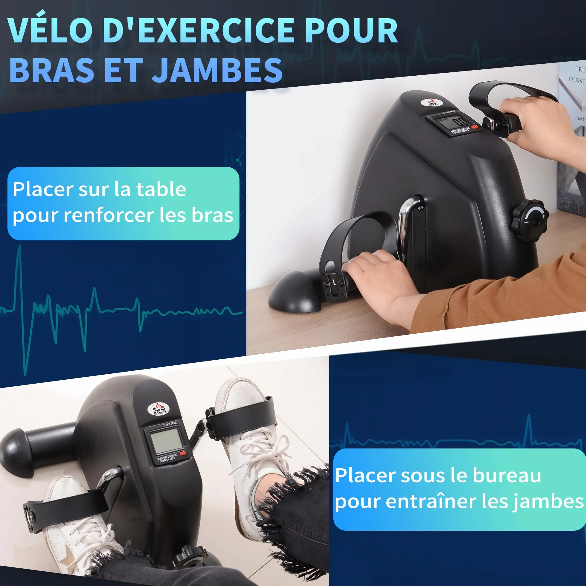 HOMCOM Mini vélo d'appartement bras jambes fitness écran LCD 35x40x31 cm noir
