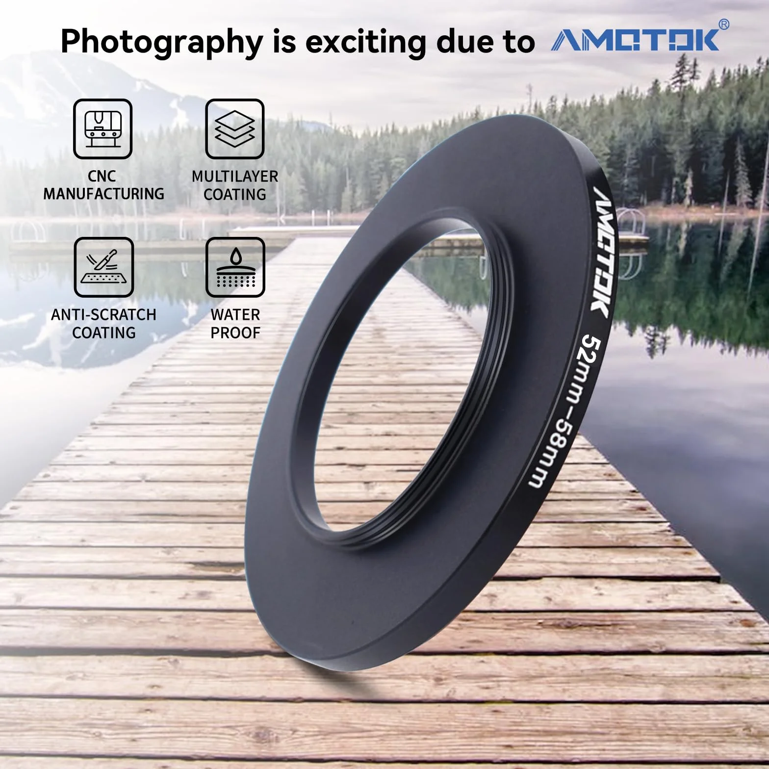 Bague d'adaptation de filtre Step Up de 52 mm à 58 mm, compatible avec objectif 52 mm vers 58 mm (accessoire de filtre UV-CPL-ND)