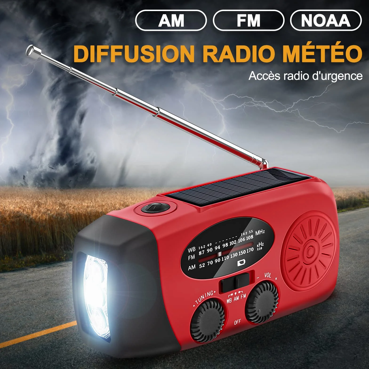 Radio Solaire Portable d'Urgence Météo 2000mAh Manivelle AM/FM/NOAA Dynamo IPX3 Charge Téléphone Lampe LED Alarme SOS Câble USB Randonnée Camping Rouge