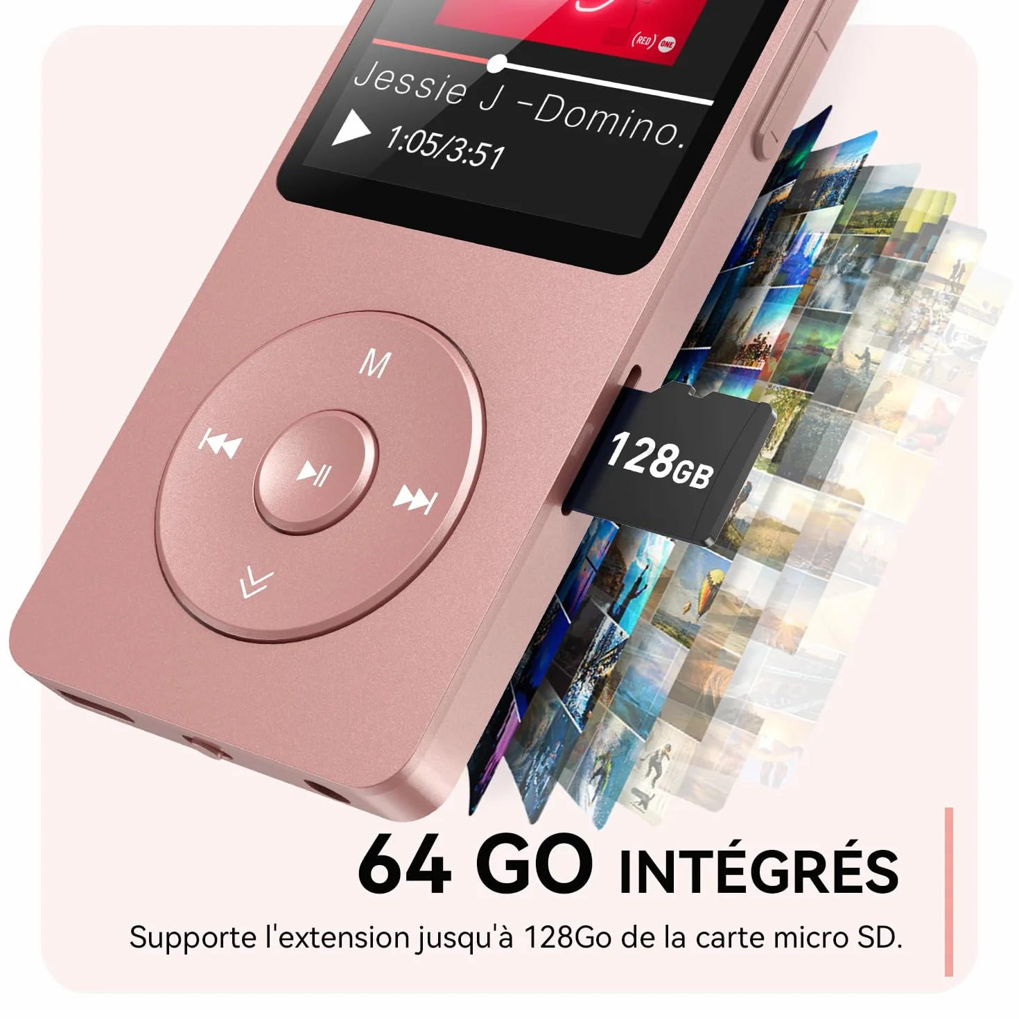 AGPTEK Lecteur MP3 Bluetooth 5.3 64Go Baladeur Portable HiFi 70H Autonomie Radio FM Or Rose