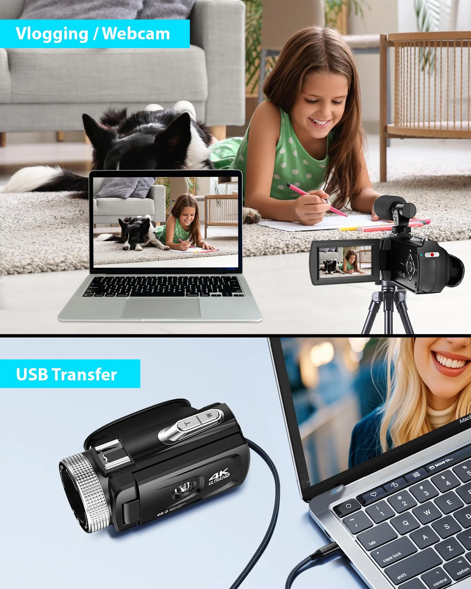 Caméscope 4K 48MP Caméra Vidéo Zoom 18X Écran Rotatif 3" 270° avec Carte 32 Go 2 Batteries