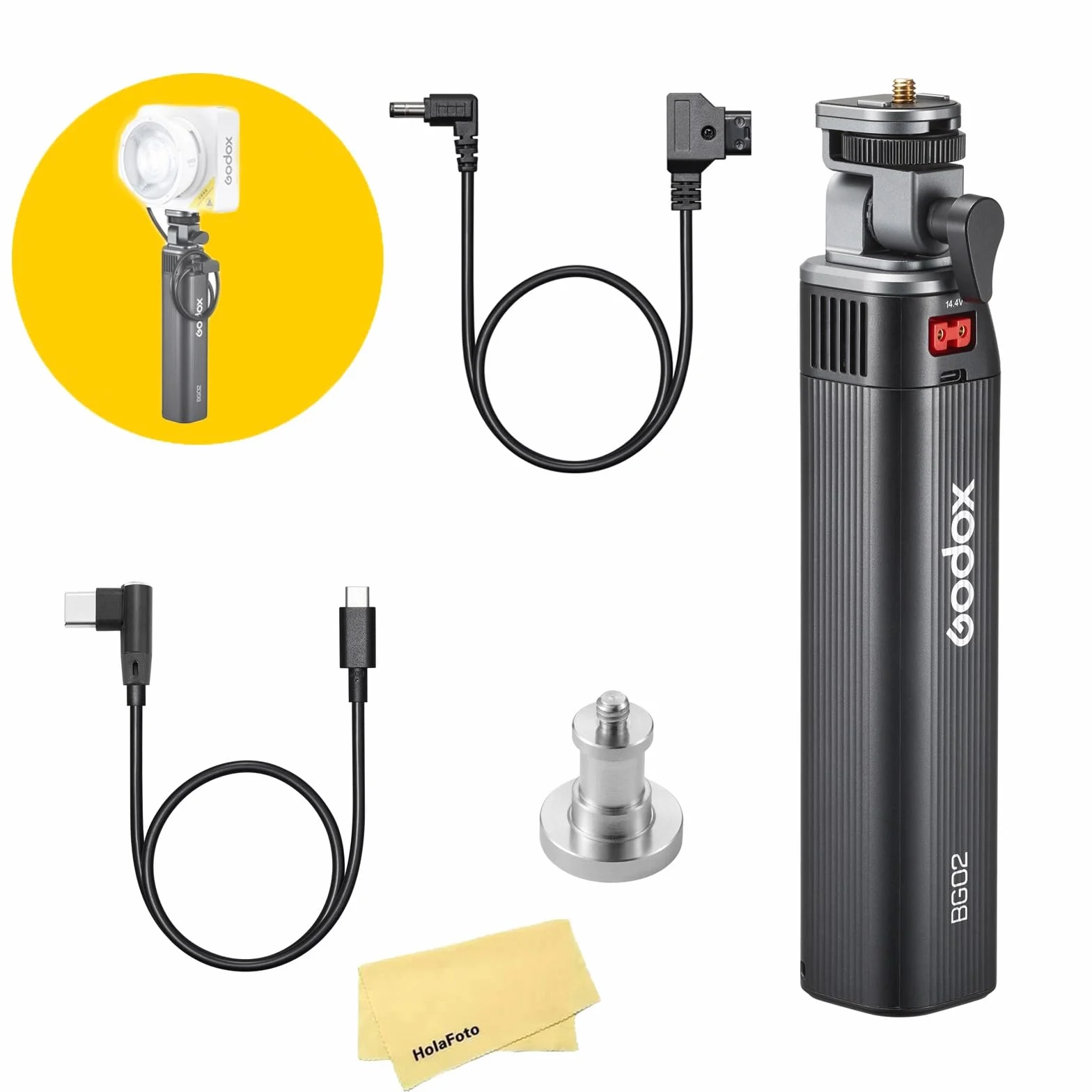 GODOX BG02 Poignée d'alimentation,Batterie Lithium 14.4V 6600mAh, avec D-Tap et Câble USB-C pour AD200 AD200Pro AD200ProII AD300 Pro Flash,pour ML100BI ML100R FH50Bi FH50R Lampe Vidéo LED