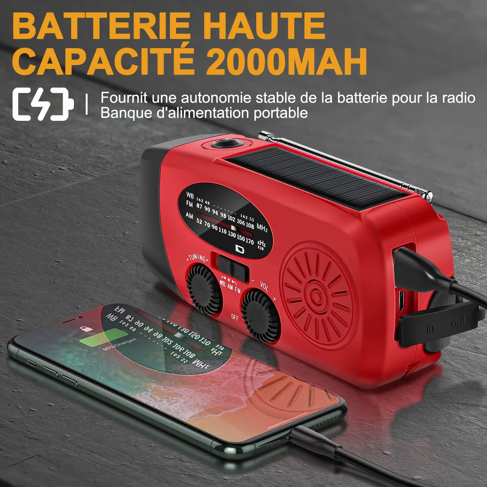 Radio Solaire Portable d'Urgence Météo 2000mAh Manivelle AM/FM/NOAA Dynamo IPX3 Charge Téléphone Lampe LED Alarme SOS Câble USB Randonnée Camping Rouge