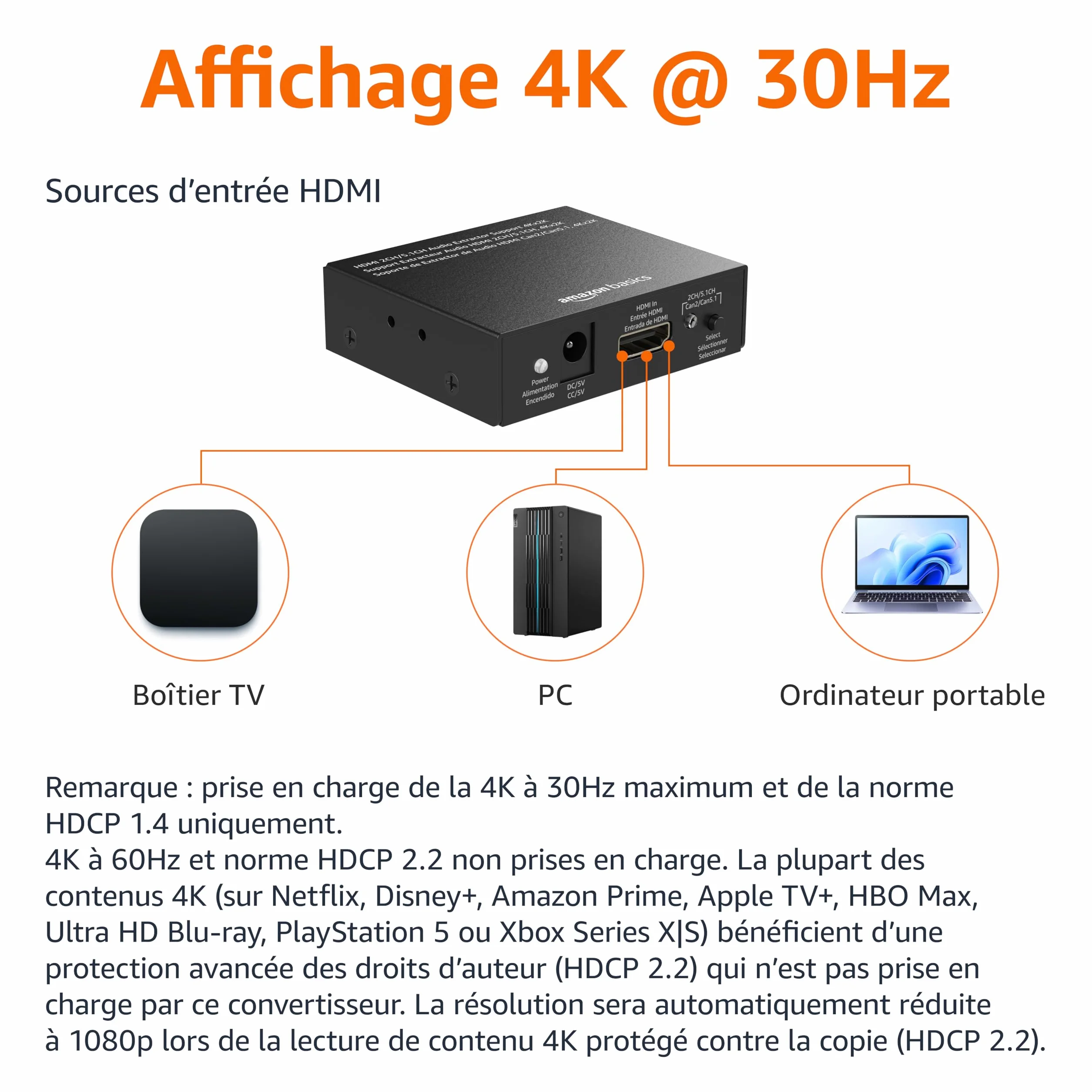 Amazon Basics Extracteur/Convertisseur HDMI vers HDMI et Audio (Stéréo RCA ou S/PDIF​​), 4K, @30Hz, Noir