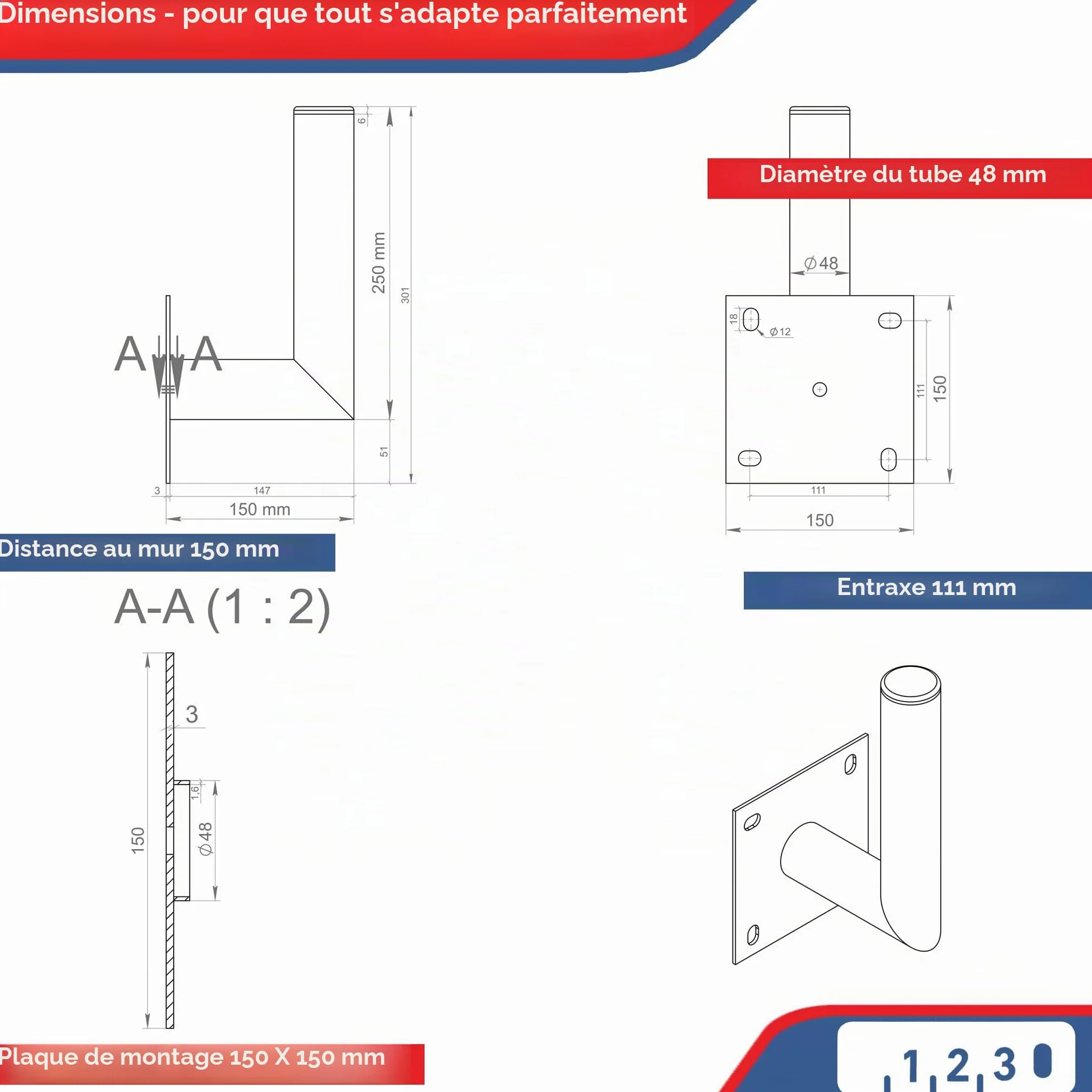 PremiumX 10-15 cm Support mural d'angle en acier galvanisé pour antenne satellite, parabole parabolique Montage mural Distance au mur 100-150 mm Ø 48 mm