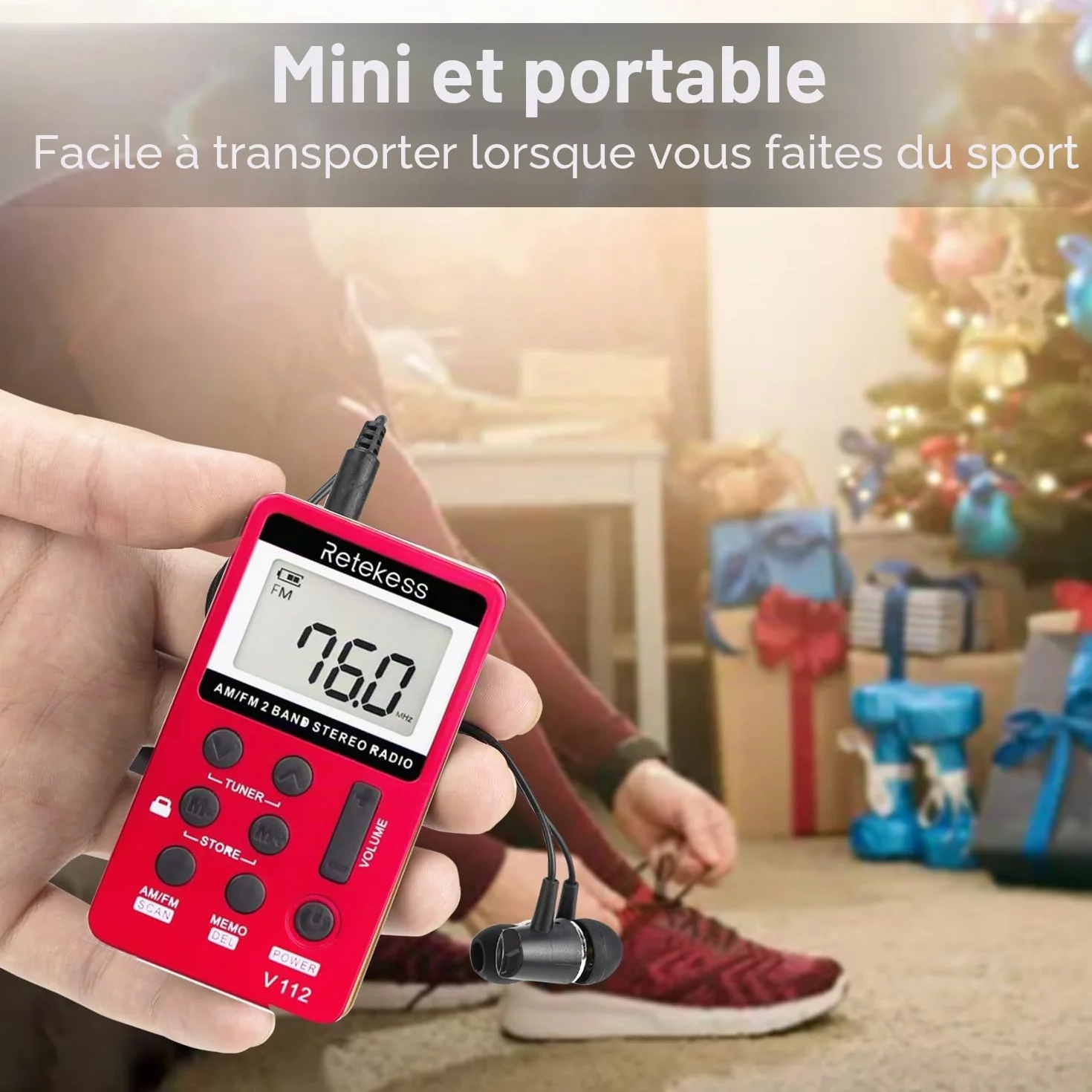 Retekess V112 Mini Radio FM de Poche,Radio Portable,FM AM,Prise Casque,d'Extérieur,Convient pour Course à Pied,de Sport,Randonnée,Le Camping(Rouge)