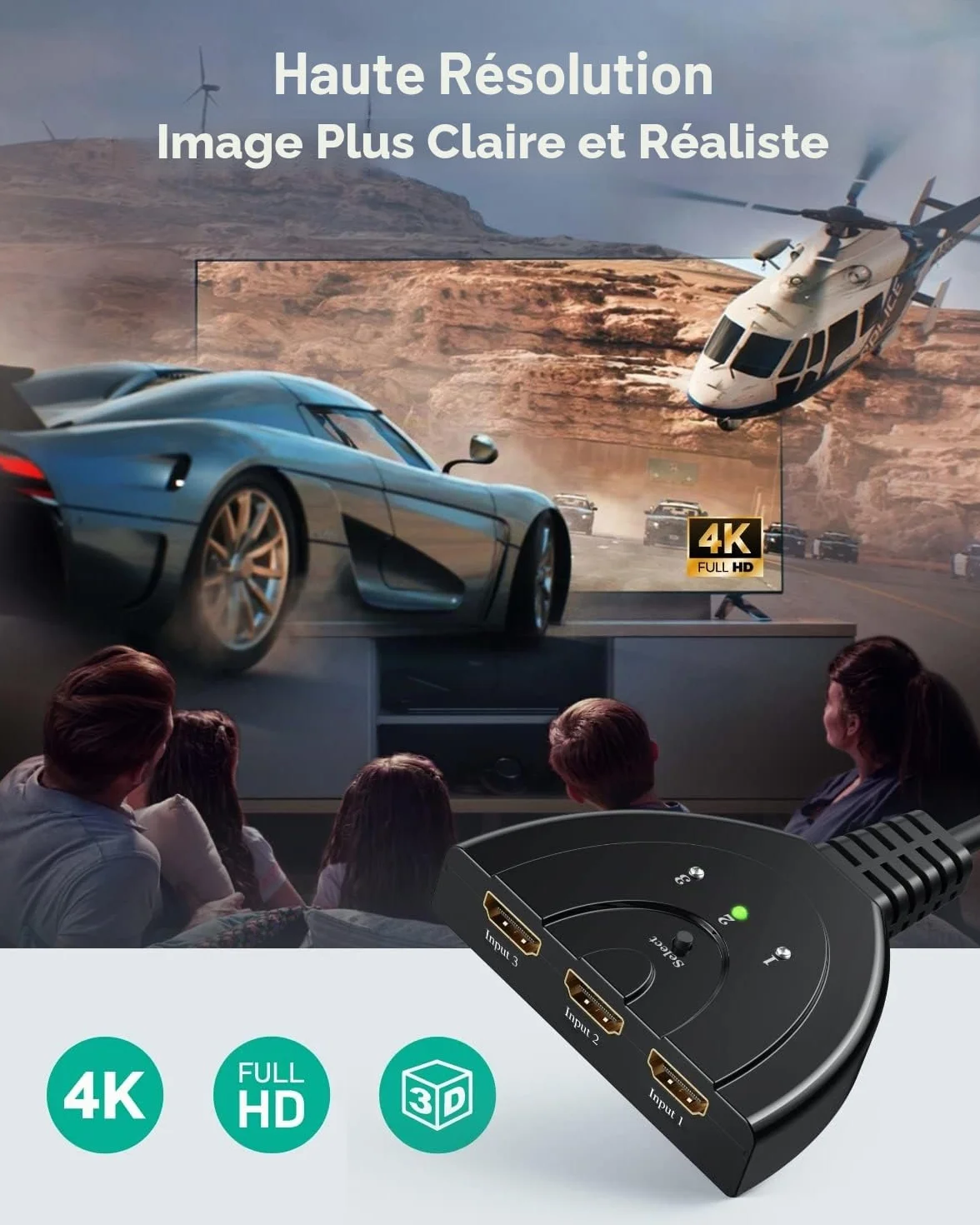 GANA HDMI Switch 3 en 1, 3 Ports Commutateur HDMI Sélecteur Splitter Manuel, Full HD 4K 3D