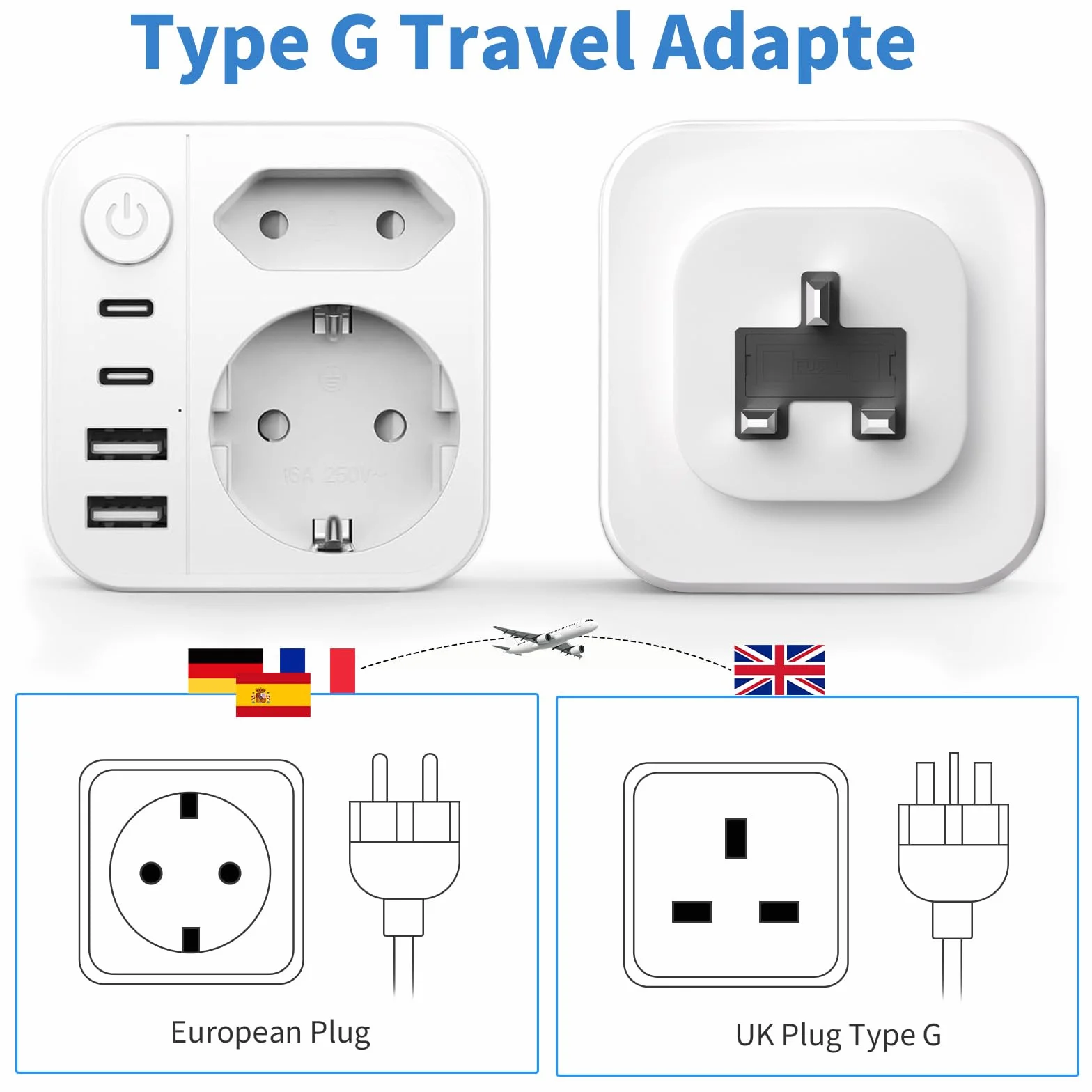 6 en 1 Adaptateur Prise Anglaise UK,3250W Adaptateur de Voyage UK avec 2 Prises,2 USB,2 Type-C,Adaptateur Type G pour Irlande Dubaï Malaisie Maldives Angleterre