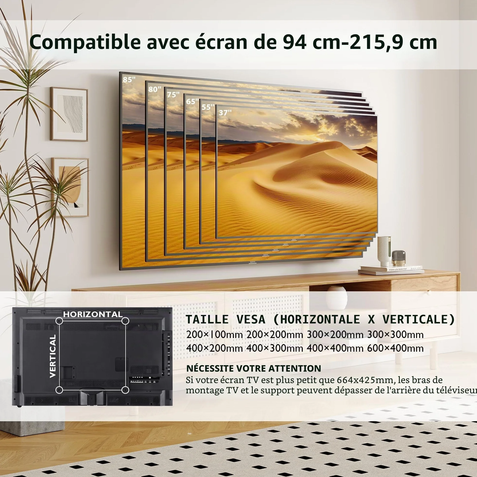 BONTEC Support TV Mural Articulé 37-85 Pouces, Support Mural TV Pivotant Inclinable, Bras Double 68-420mm, Jusqu’à 60kg, VESA 200x100-600x400, pour Écran Plat ou Incurvé