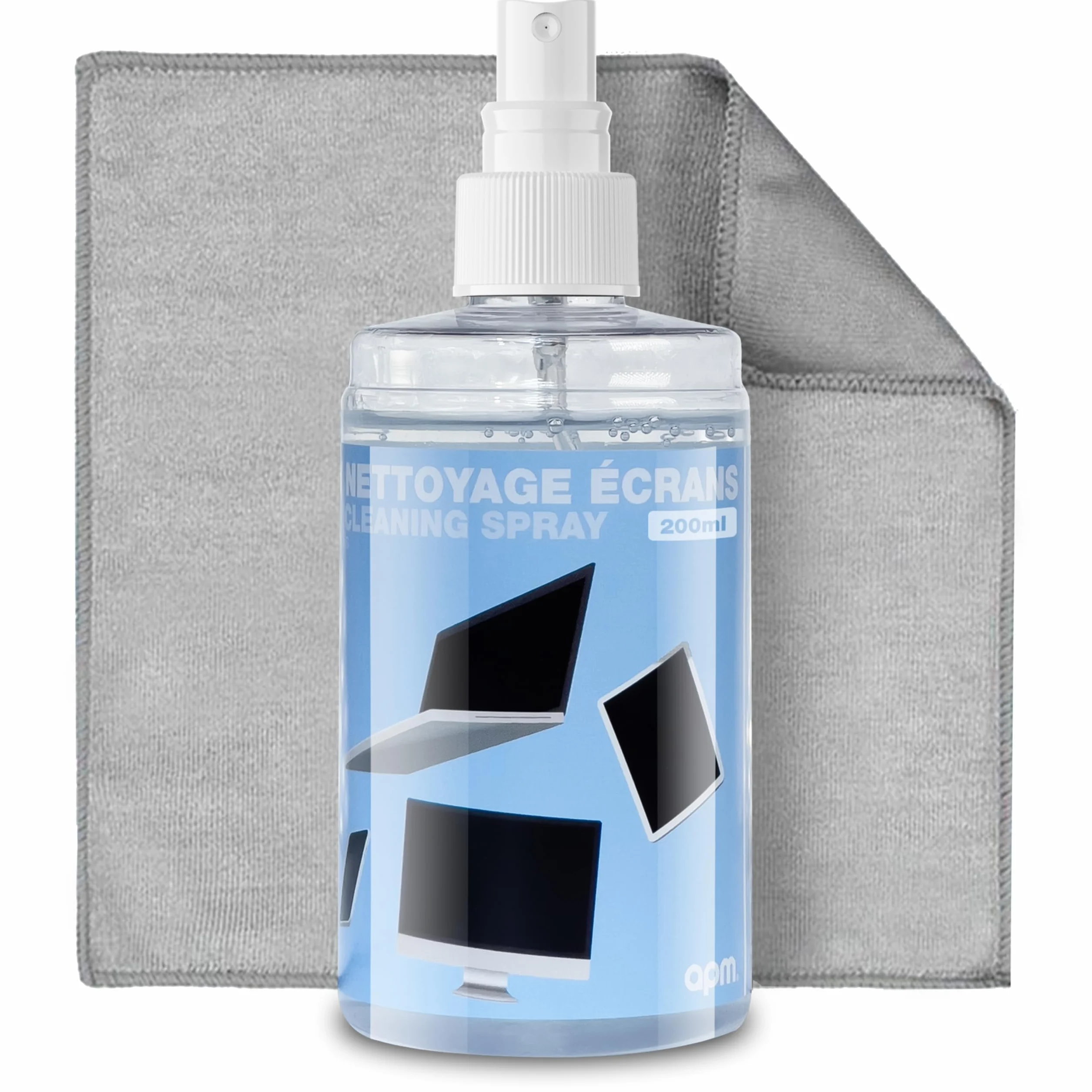 APM Spray Nettoyant Écran TV, PC, Smartphone, Tablette, Texture Gel Sans Alcool, Effet Antistatique, Anti-rayures, Anti-traces, Chiffon Microfibre Inclus, Nettoyage Sécurisé, 200ml, 600105