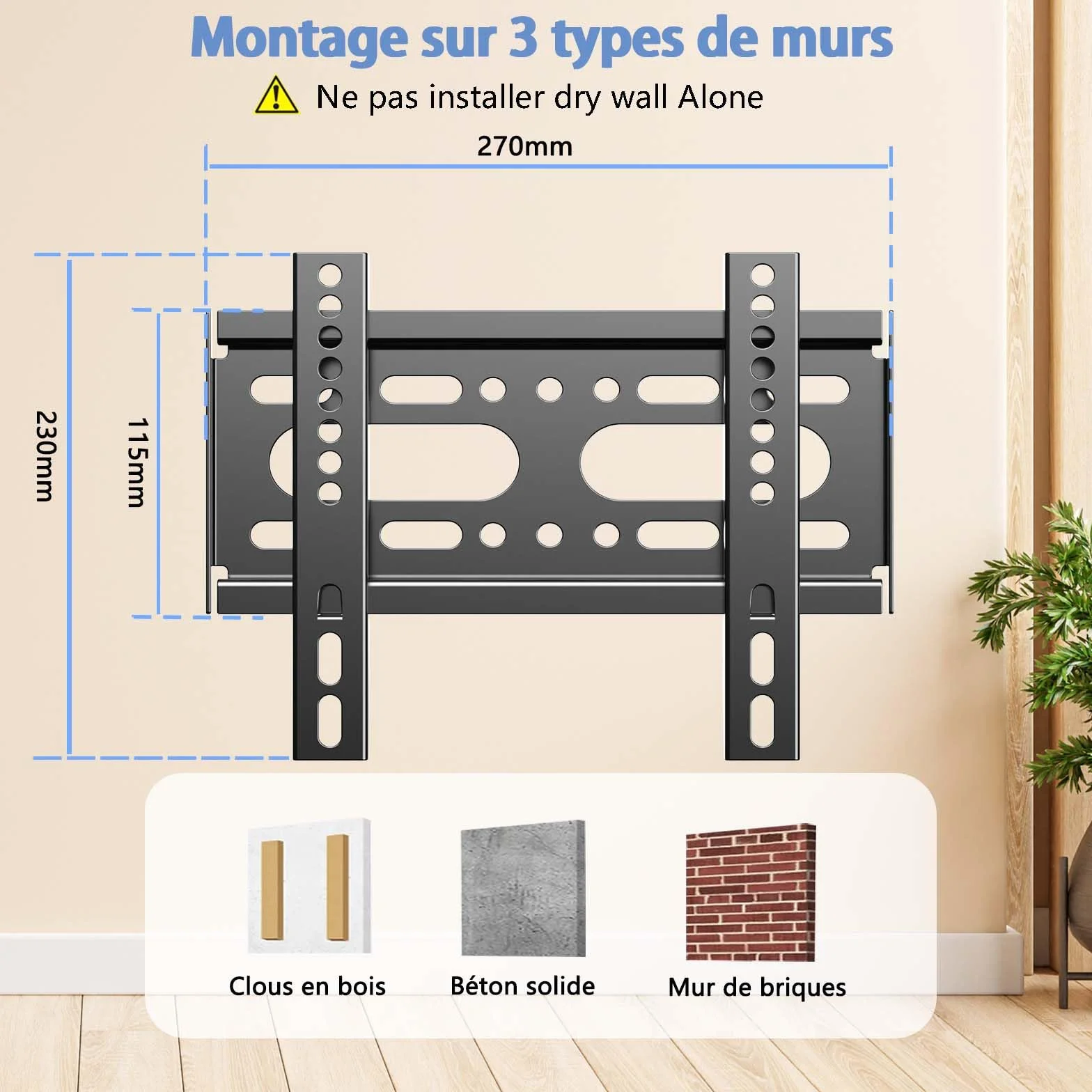 Support Mural TV Fixe pour 14-42 Pouces,VESA jusqu'à 200x200mm Poids Maximal 25KG, 19 24 27 32 37 Pouces Petit écran de télévision Ultra - Mince Support Mural pour Moniteur,Support Mural TV