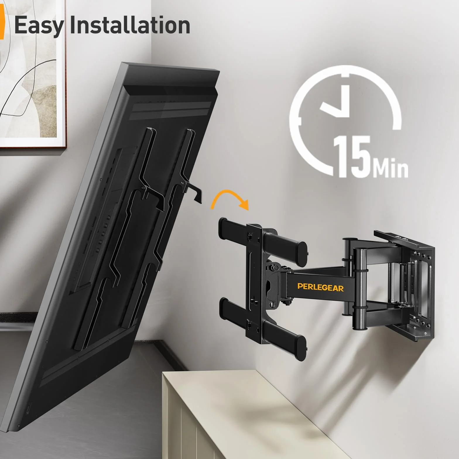 Perlegear Support Mural TV 37-84 Pouces 60KG Fixation TV Murale Inclinable Orientable VESA 600x400mm