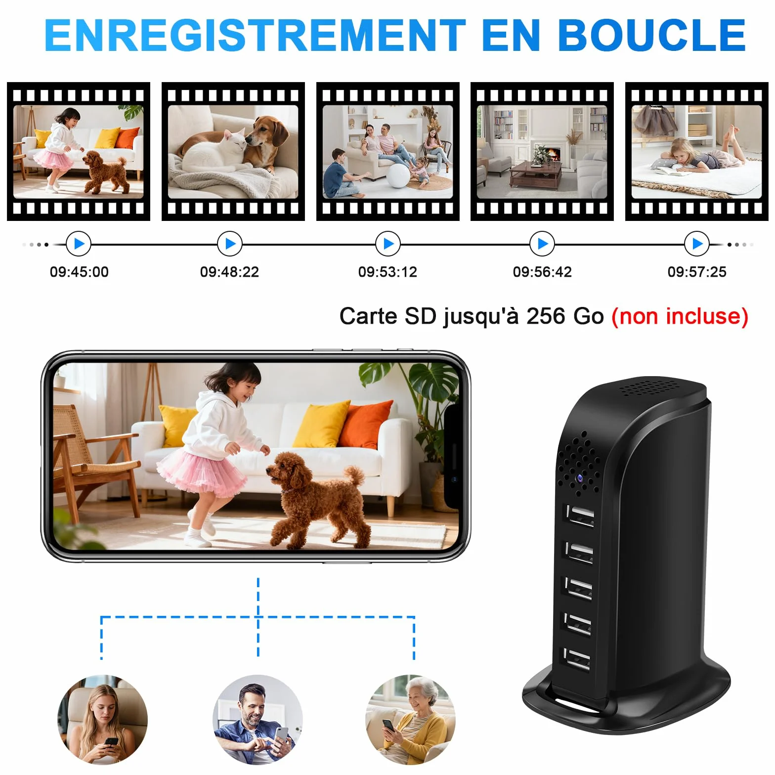 Caméra Espion WiFi 2.4 & 5G, Chargeur USB à 5 Ports avec Mini Caméra Espion Cachée, HD 1080P Micro Camera Cachée WiFi Supportant la Détection de Mouvement et l'enregistrement en Boucle