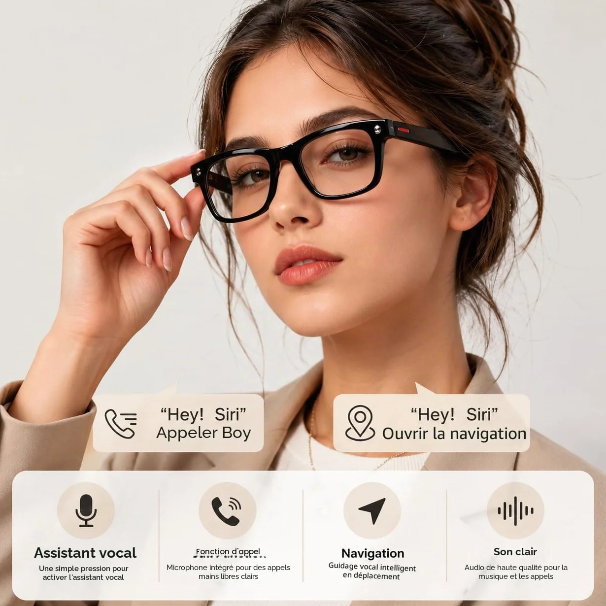 AI Lunettes intelligentes avec appareil photo - Lentille photochromique, appels Bluetooth, assistant vocal, lecteur de musique, traduction et enregistrement vidéo (1, noir)