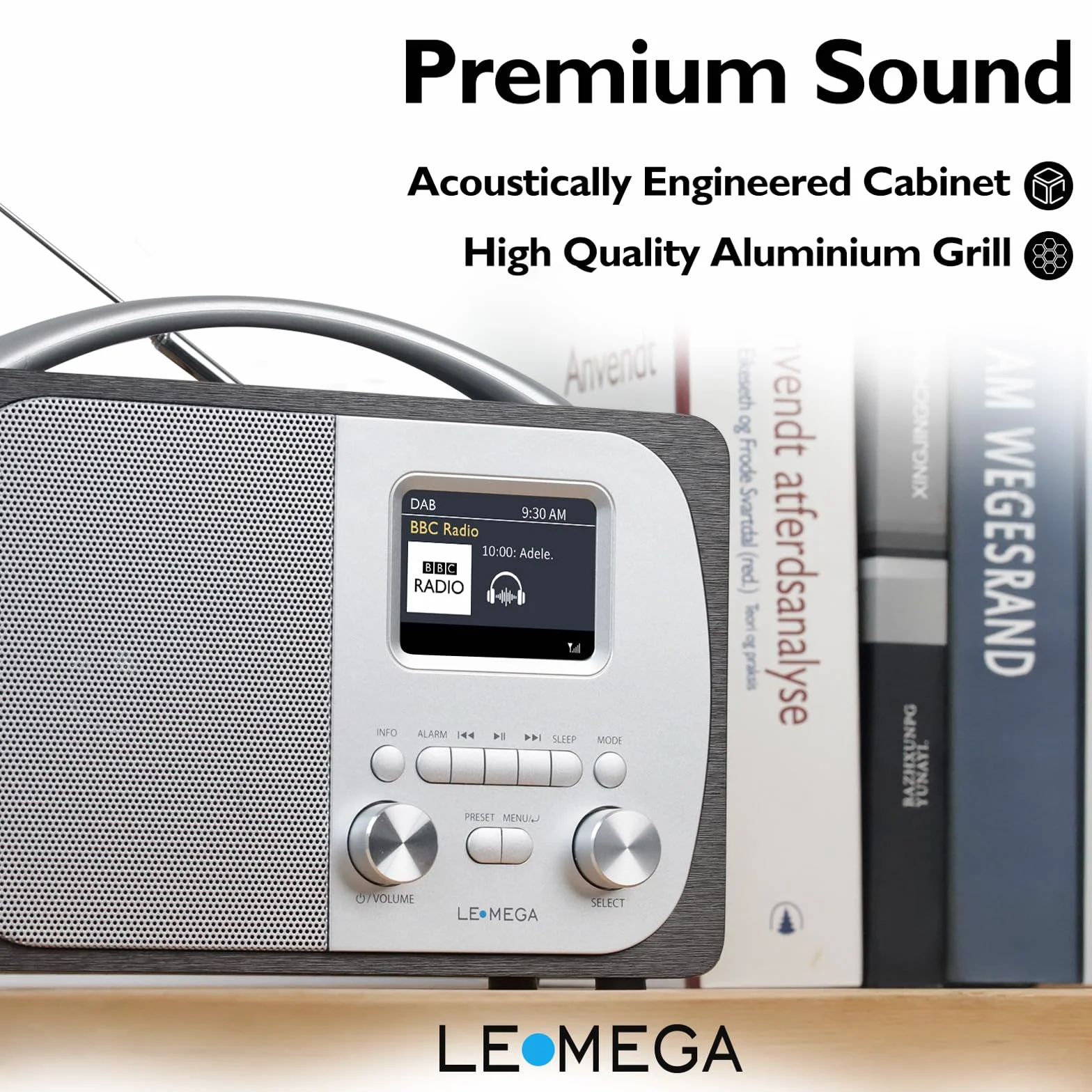 LEMEGA DR5 Radio Numérique DAB/DAB+ Bluetooth Réveil FM Secteur Piles Compacte Bois Métal Brossé
