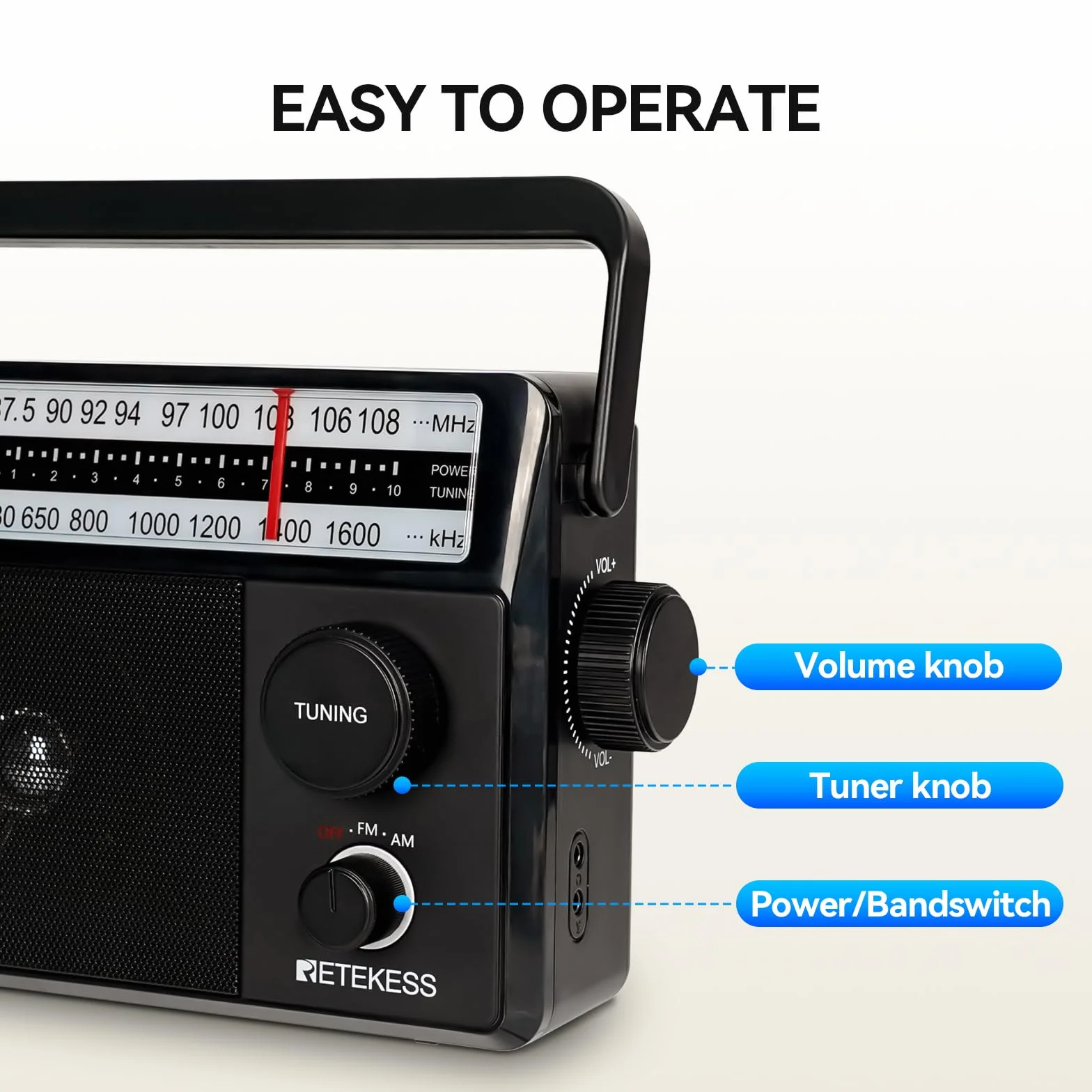 Retekess TR633 Radio Portable, Poste Radio, AM FM, Excellente Réception, Gros Boutons, Secteur ou Piles, Prise Casque 3,5 mm, Adapté aux Personnes âgées, Cuisine, Chambre