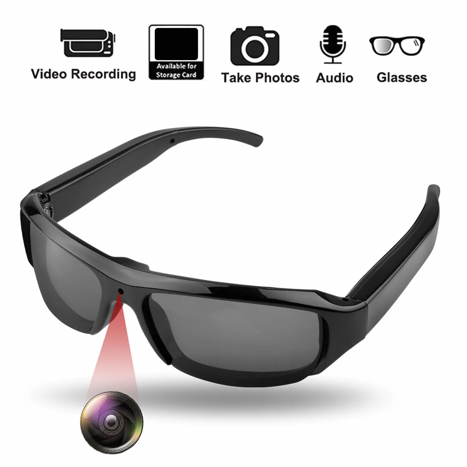 Zunate Lunettes de Soleil avec Caméra 1080P, Lunettes de Caméra d'action de Sport avec Objectif Grand Angle, Photo en Un Seul, Vidéo Double, pour Les Voyages à Vélo