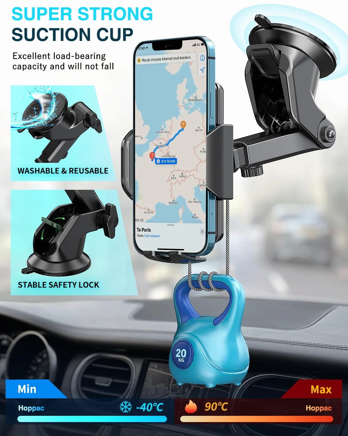 Hoppac Support Telephone Voiture, Porte Téléphone Voiture Tableau de Bord et Voiture Pare-Brise, 360 Degrés Rotation, Un Bouton de Libération, pour 4-7 in Smartphone
