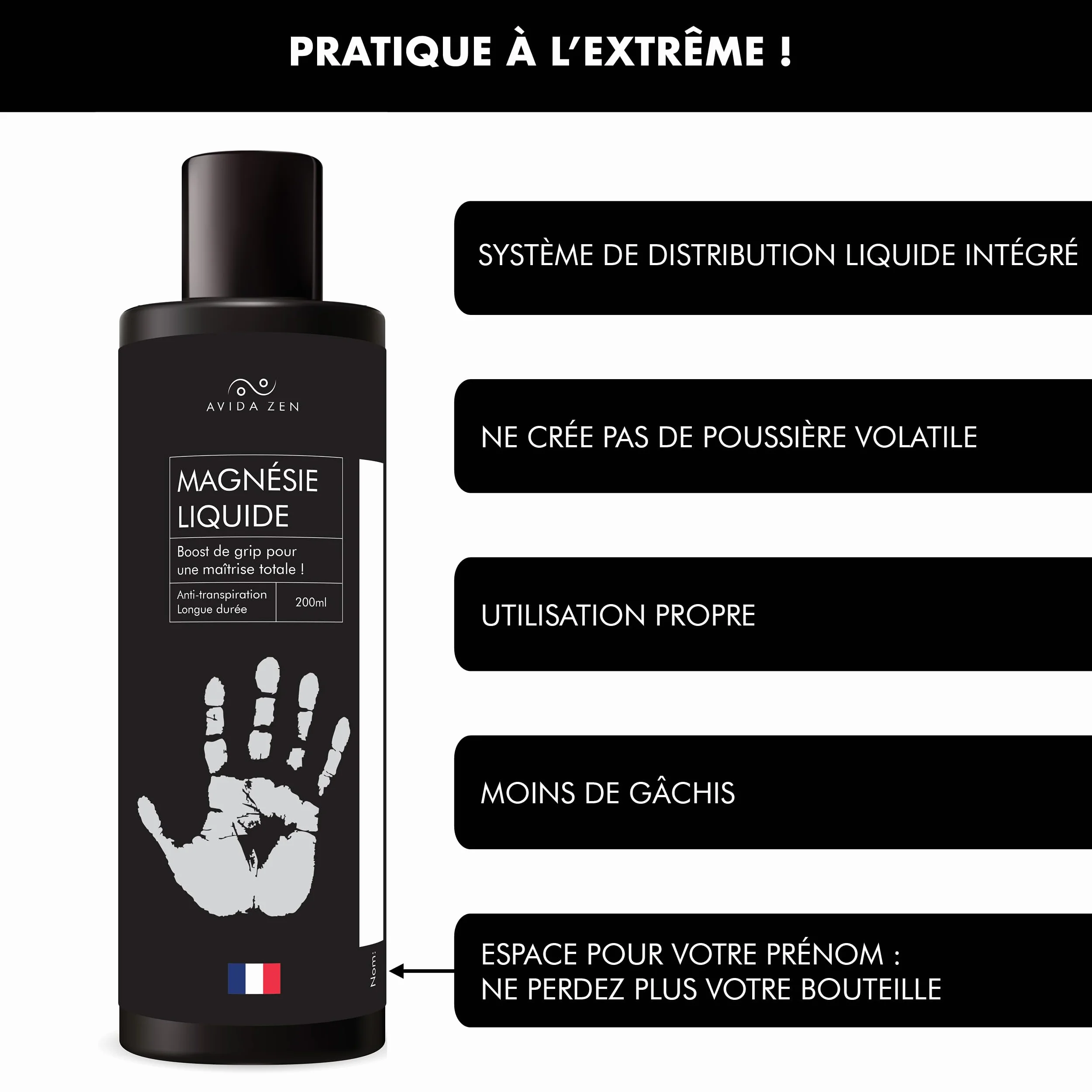 AVIDA ZEN Magnésie Liquide 200ml – Liquid Chalk pour Escalade, Padel, Gymnastique, Crossfit, Musculation, Tennis